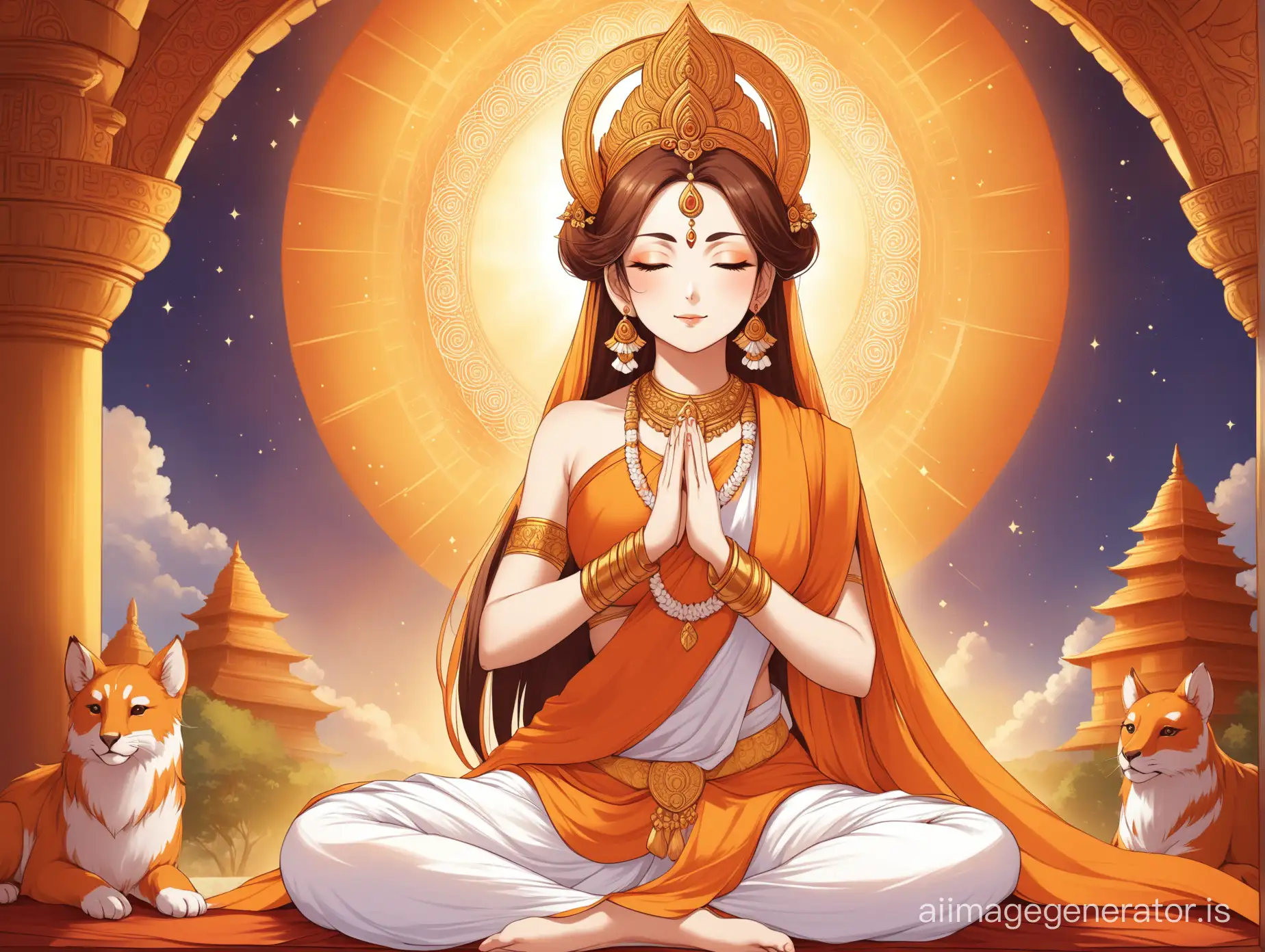 Capture the serene beauty of Goddess Sita as she sits in meditation, radiating inner peace and spiritual wisdom.