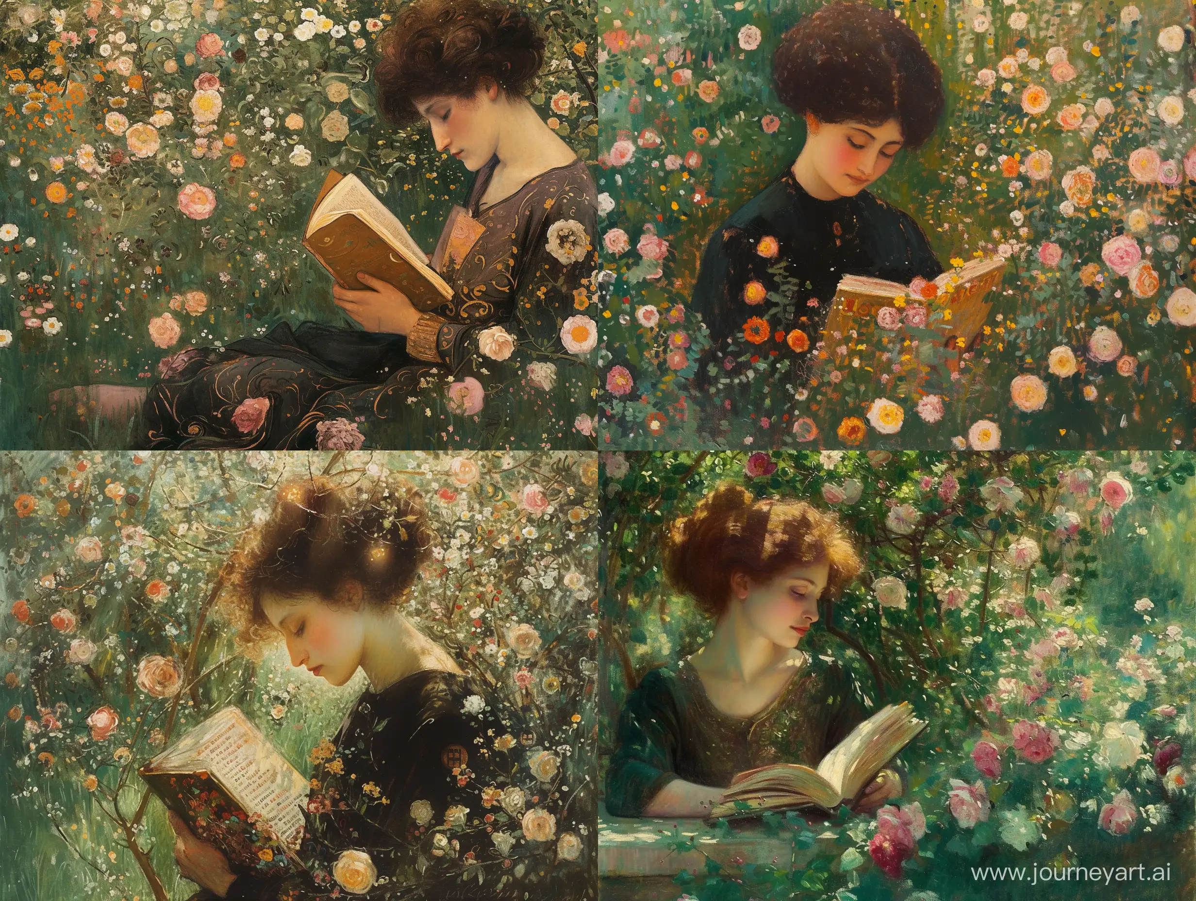 Painting of a woman reading in a sunlit garden, her expression thoughtful and serene, surrounded by blooming flowers, by  Gustav Klimt
