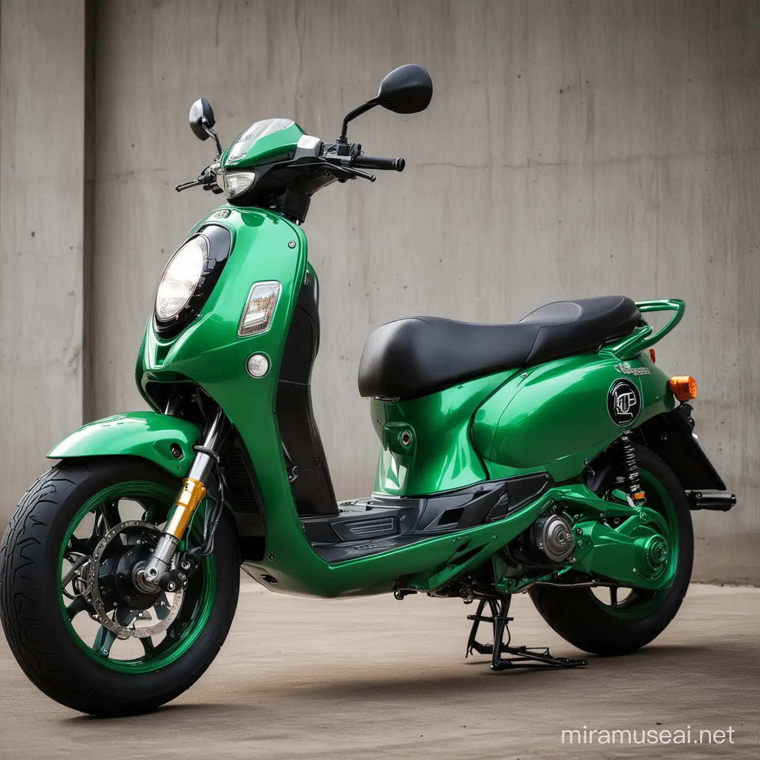 Green Lantern DC Style Honda Scoopy Motorcycle Riding in Urban City