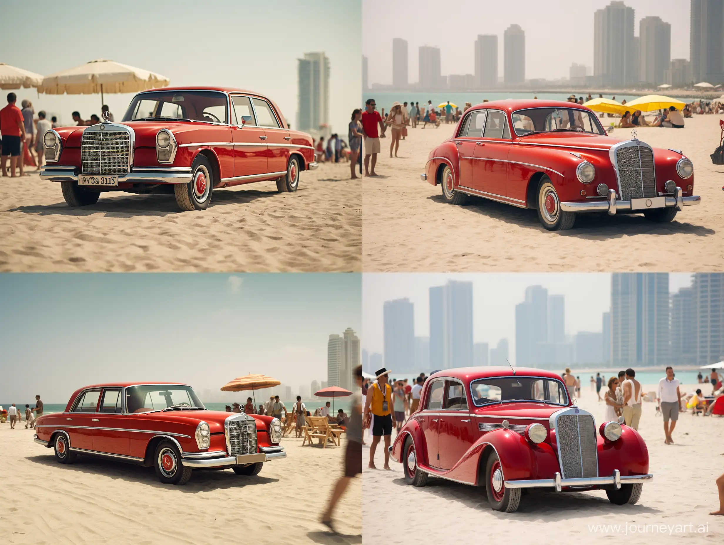 old red mercedes 123 type on the beach in Dubai umbrellas, people on the beach, skyscrapers