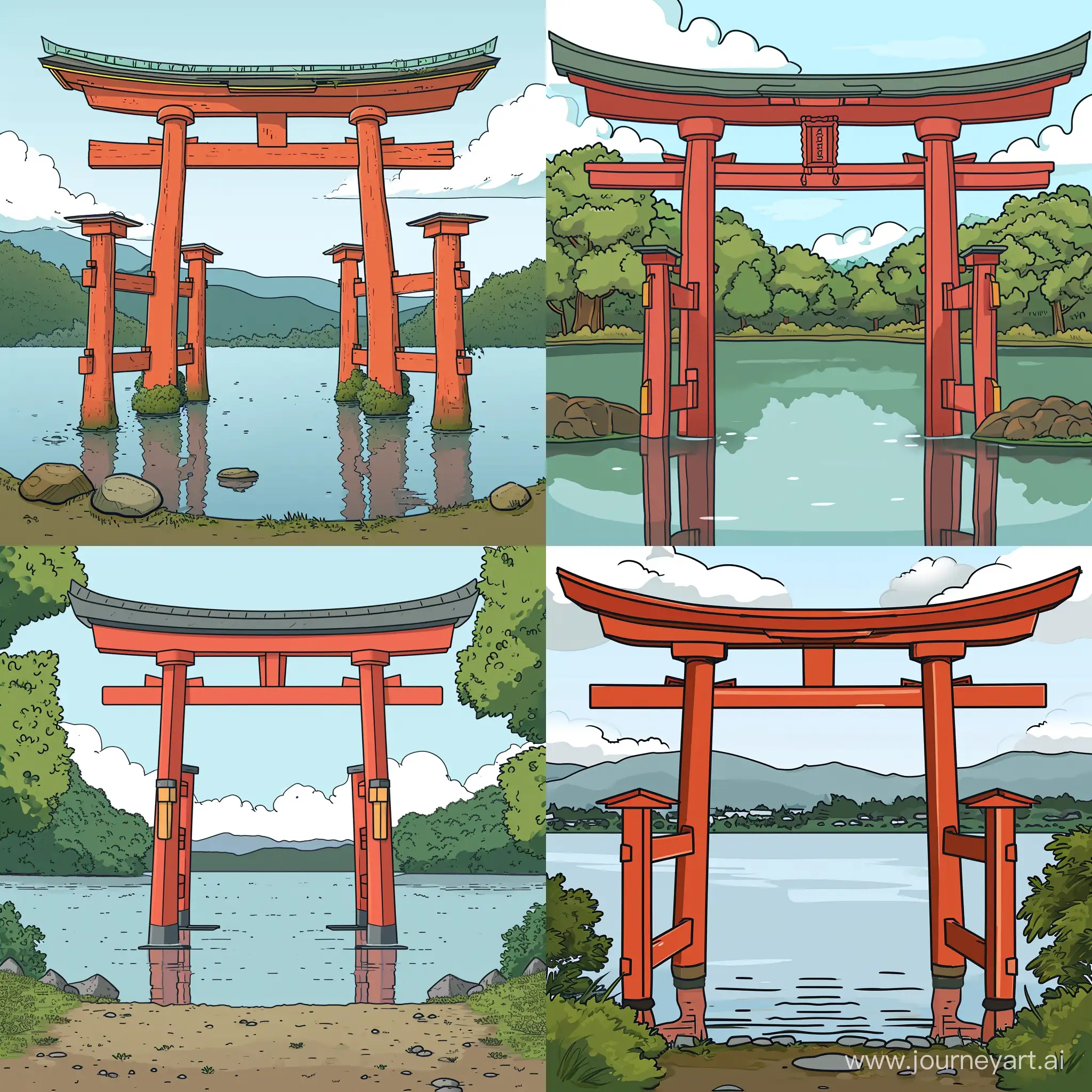 red torii gate, set in  lake, japan tradition, in cartoon style