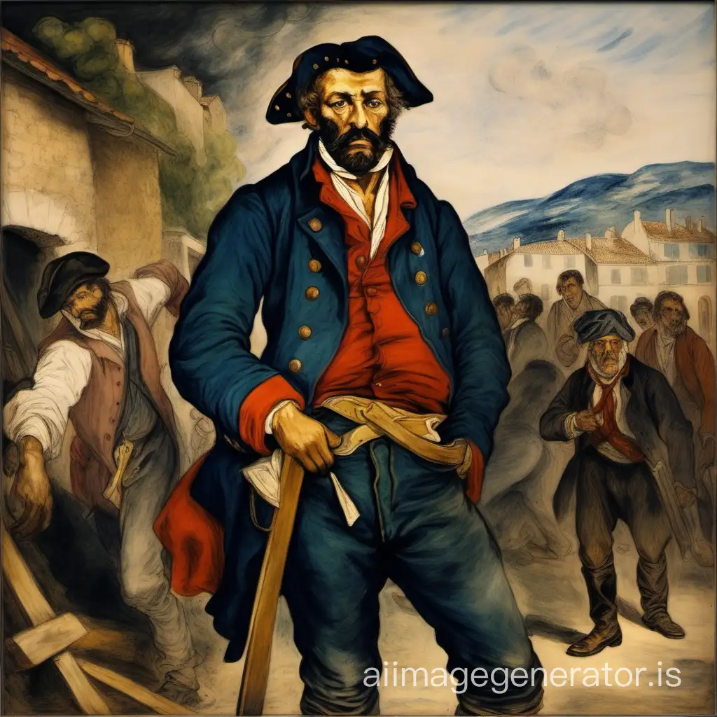 Portrait in the style of Delacroix of Jean Valjean tired arriving in October 1815 in the town of Digne