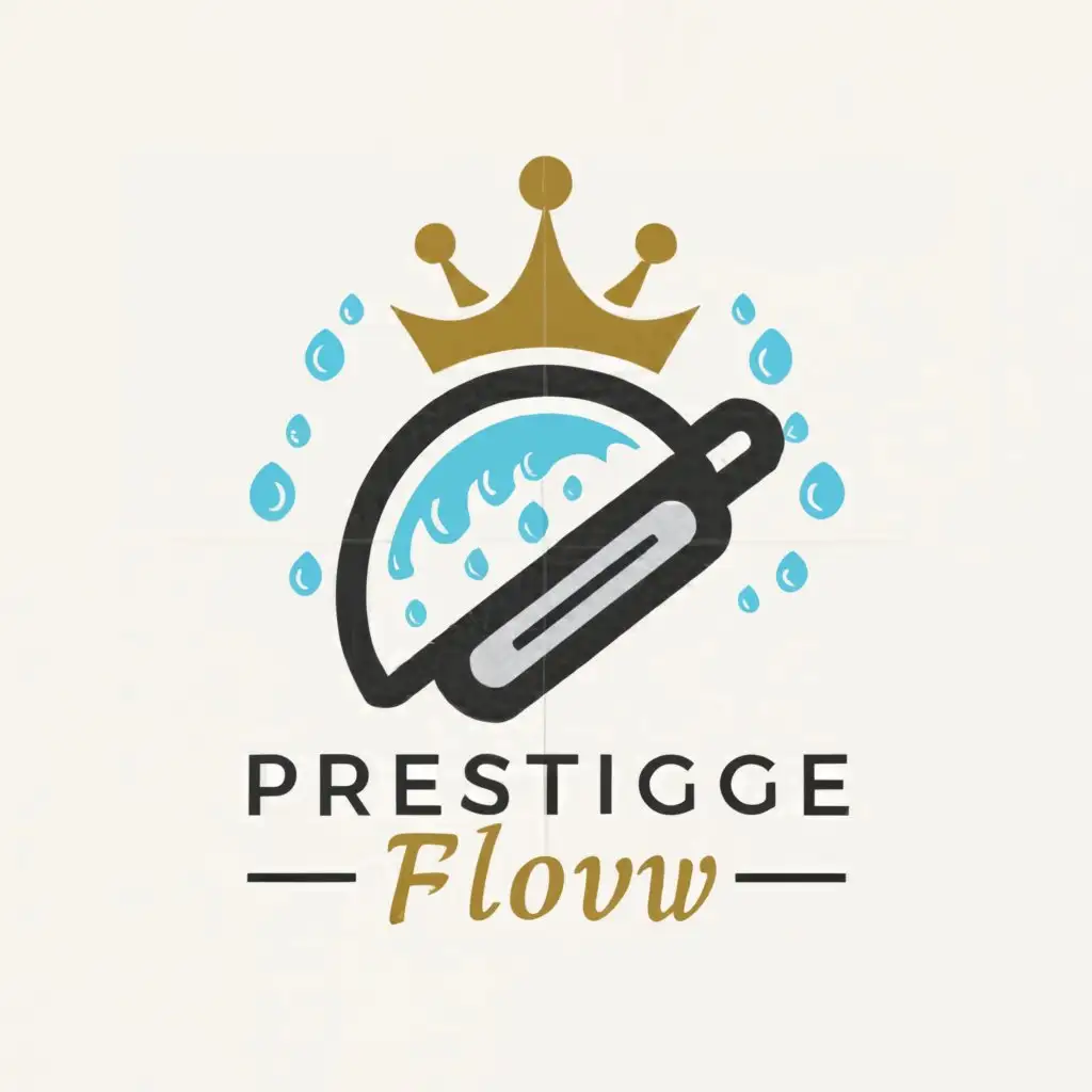 a logo design,with the text "Prestige Flow", main symbol:A squeegee with water droplets around it that form the silhouette of a crown above,Moderate,clear background