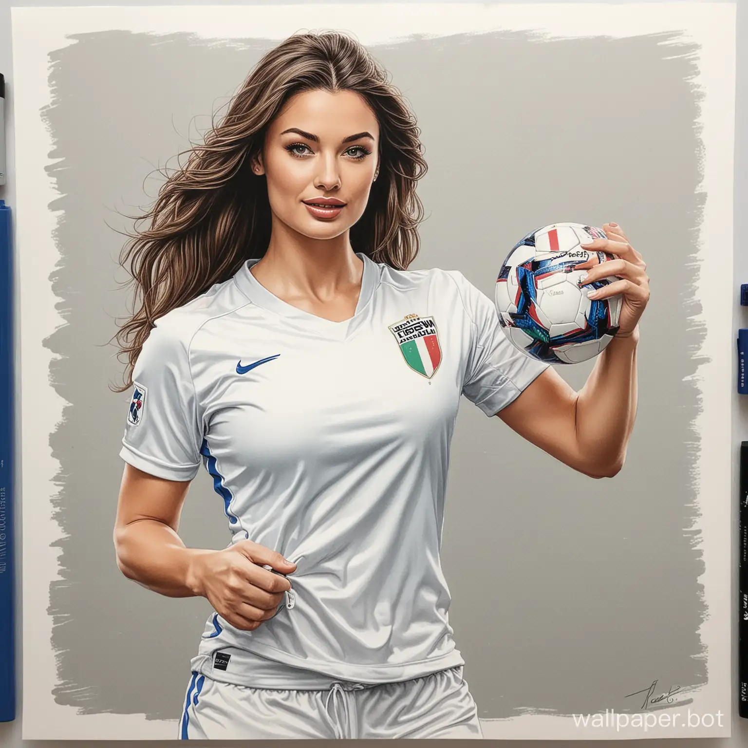 sketch Demi-Leigh Tebow 26 years old dark hair 6 size chest narrow waist in White - blue soccer form holds big cup champions of Italy white background high realism drawing colored marker sexy