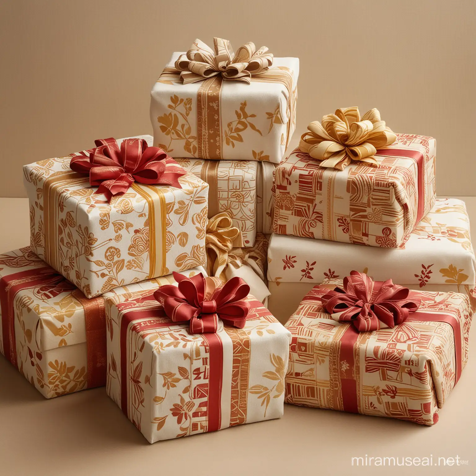 Create a painting featuring a combination of gift boxes adorned with bows and stacks of towels and blankets. The background should be light and beige. The gift boxes themselves should have Turkish ornamentation wrapping paper, with patterns in shades of brown, brownish-red, and yellow, and each box should be topped with a bow. Include both the gift boxes and the stacks of towels and blankets to create an engaging composition.