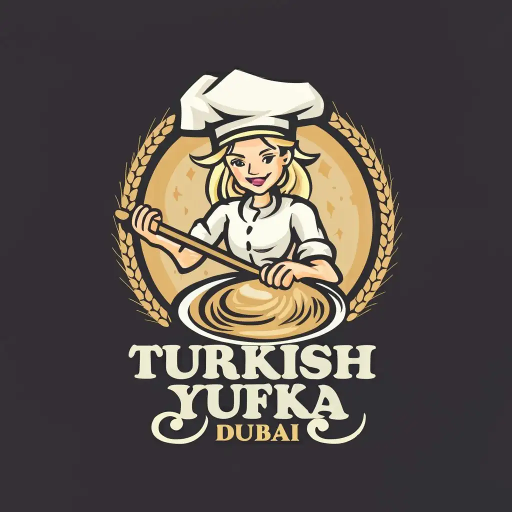logo, A funny blonde girl chief with rolling pin and hat beautiful dough rolling, with the text "Turkish Yufka Dubai", typography, be used in Restaurant industry lavash bread