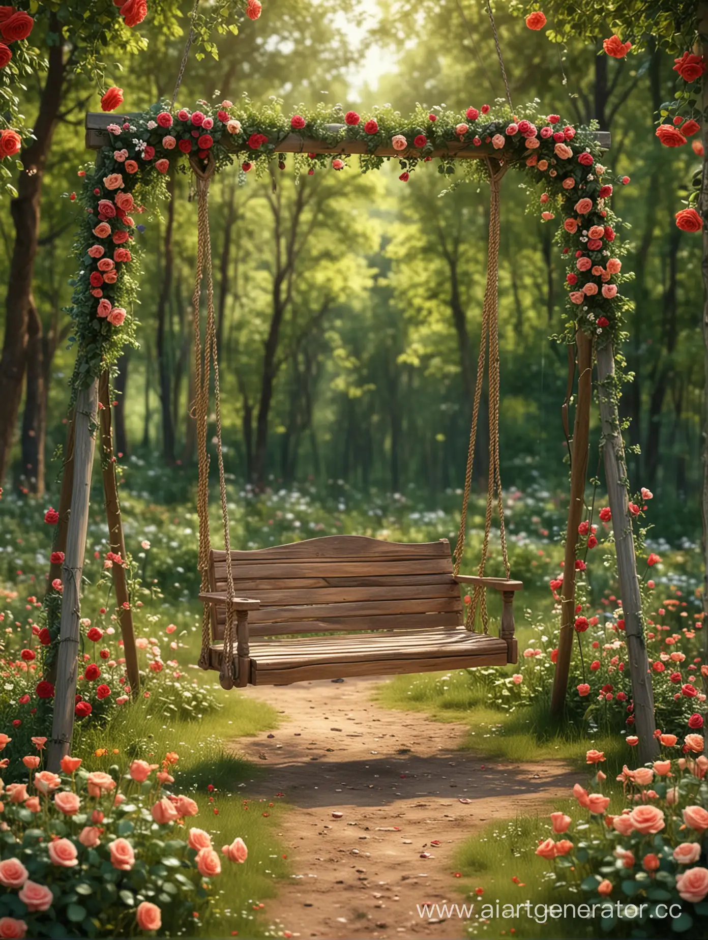 Качель на лесной поляне, качель украшена розами, вокруг цветы, фон размытый, реалистично