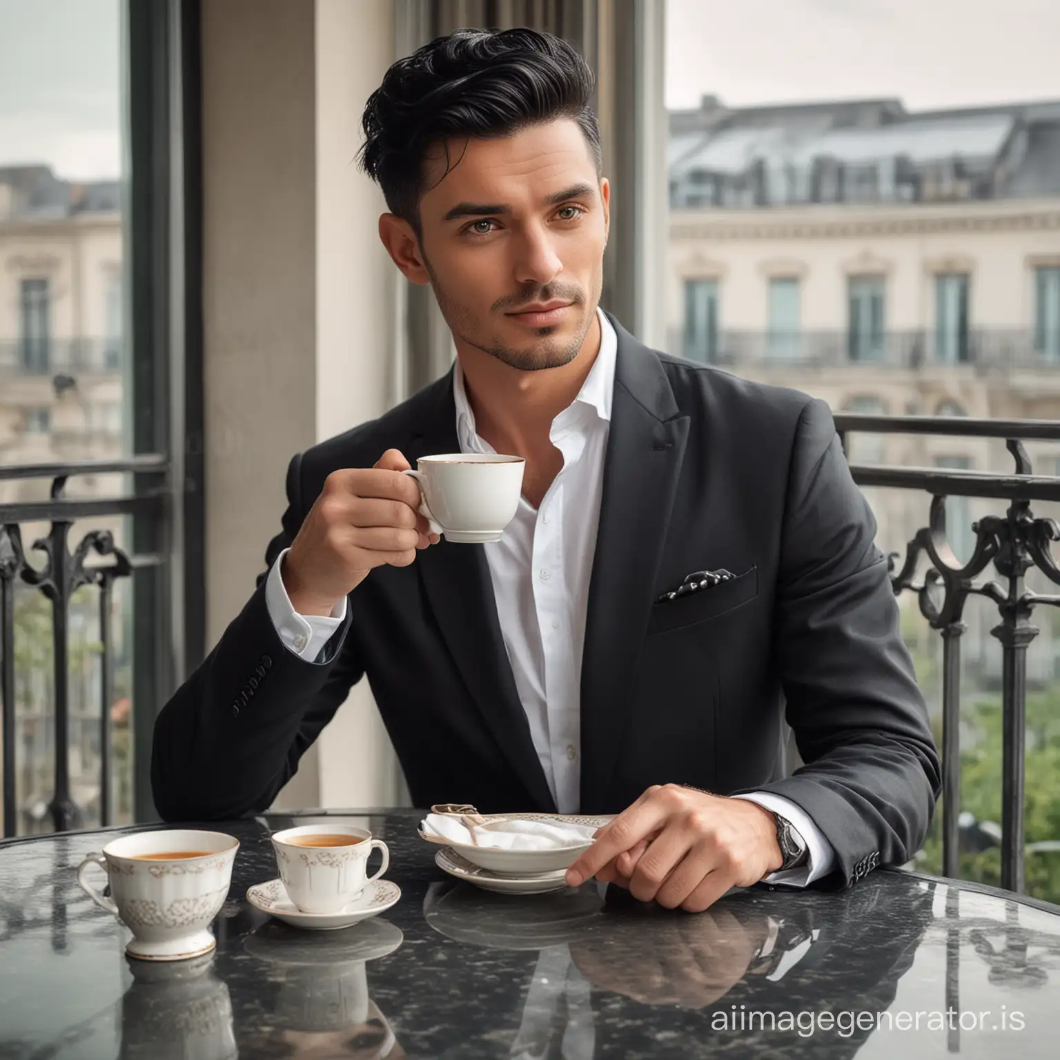 Stylish man with black hair in luxury balcony and cup of tea on the table