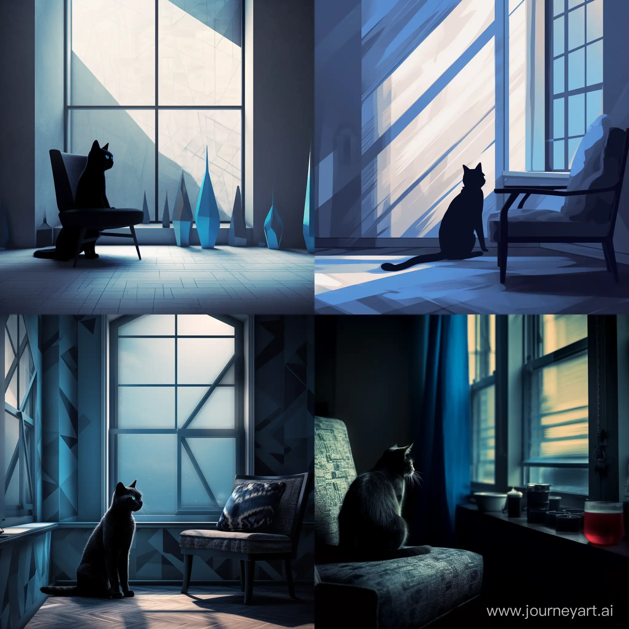 2D минимализм, голубая кошка с черными узорами лениво на фоне окна, мягкий свет проникает через окна отбрасывая блики на кошку