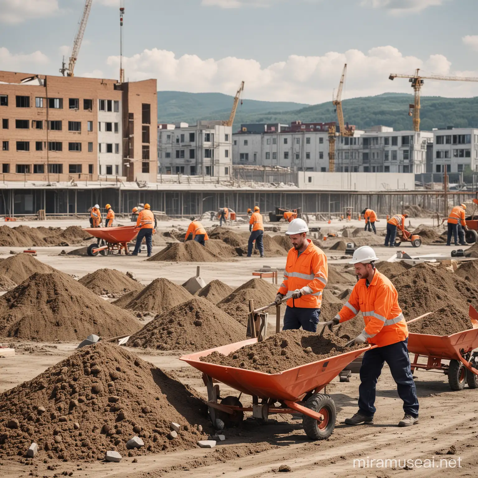 Industrial Workers with Pickaxes and Wheelbarrows Amid Urban Landscape