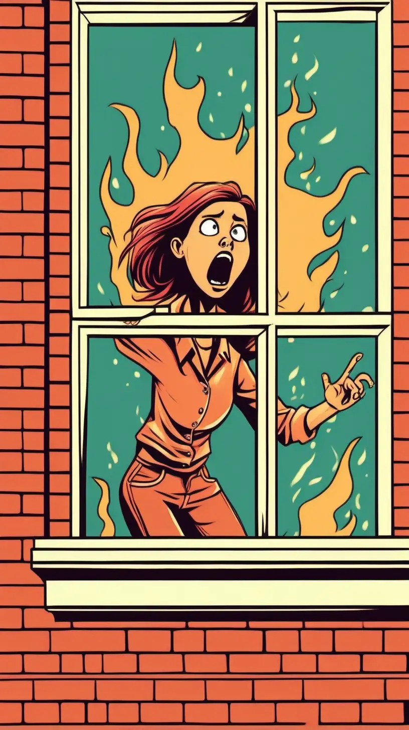 Color Cartoony; Flat angle Young woman yells for help from a burning building window