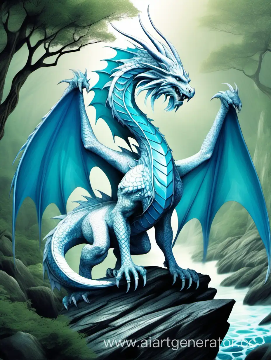белый дракон с синим и голубым узором на боку, стоит на камнях и смотрит вперёд. лес, фэнтези