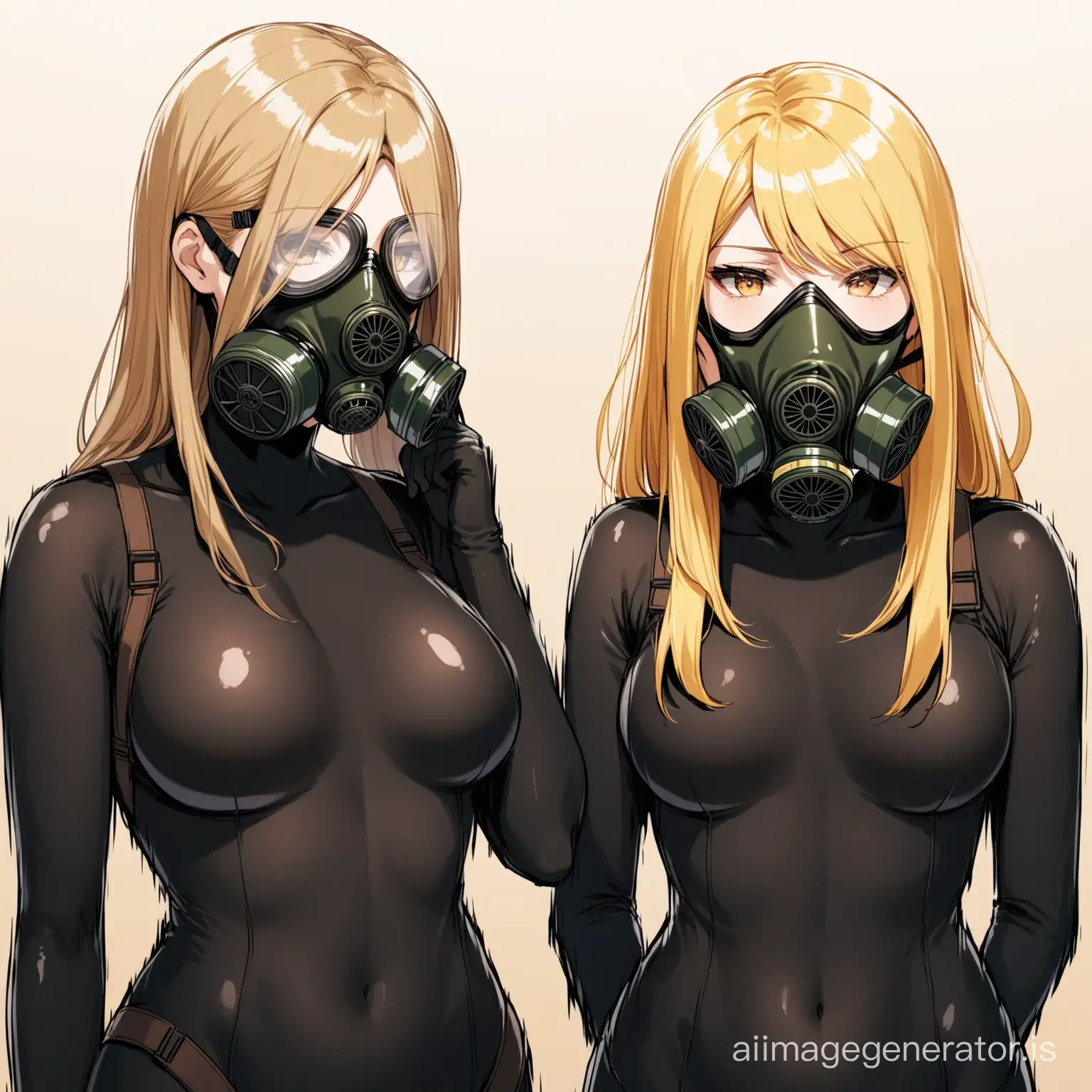 Two girls, one with brown and other with blonde hair, wearing black bodysuit and gas mask, having a breathing problems