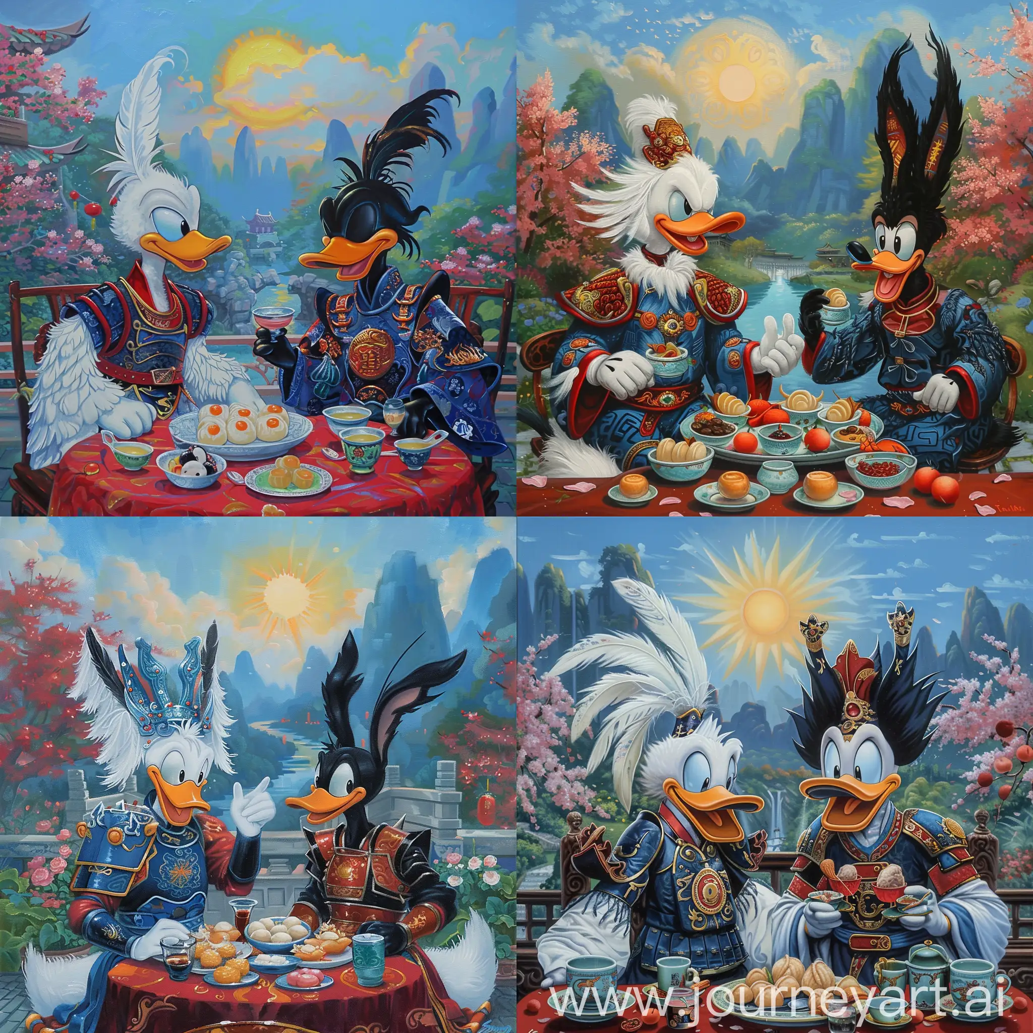 painting mode:

from Warner toon Disney cartoon:

there is white feather Disney's Donald Duck, wearing deep blue and red colors elegant Chinese medieval Hanfu armor.

there is black feather Daffy Duck from Warner deep blue and red colors elegant Chinese medieval Hanfu armor.

they are sitting together, next to each other,

on the dinner table there are delicious Chinese dim sums and jade porcelain cups of wine.

they are inside a splendid Chinese Summer Palace's garden, with rose peach blossom,

Guilin mountain as background,

a yellow sun is smiling in blue sky,