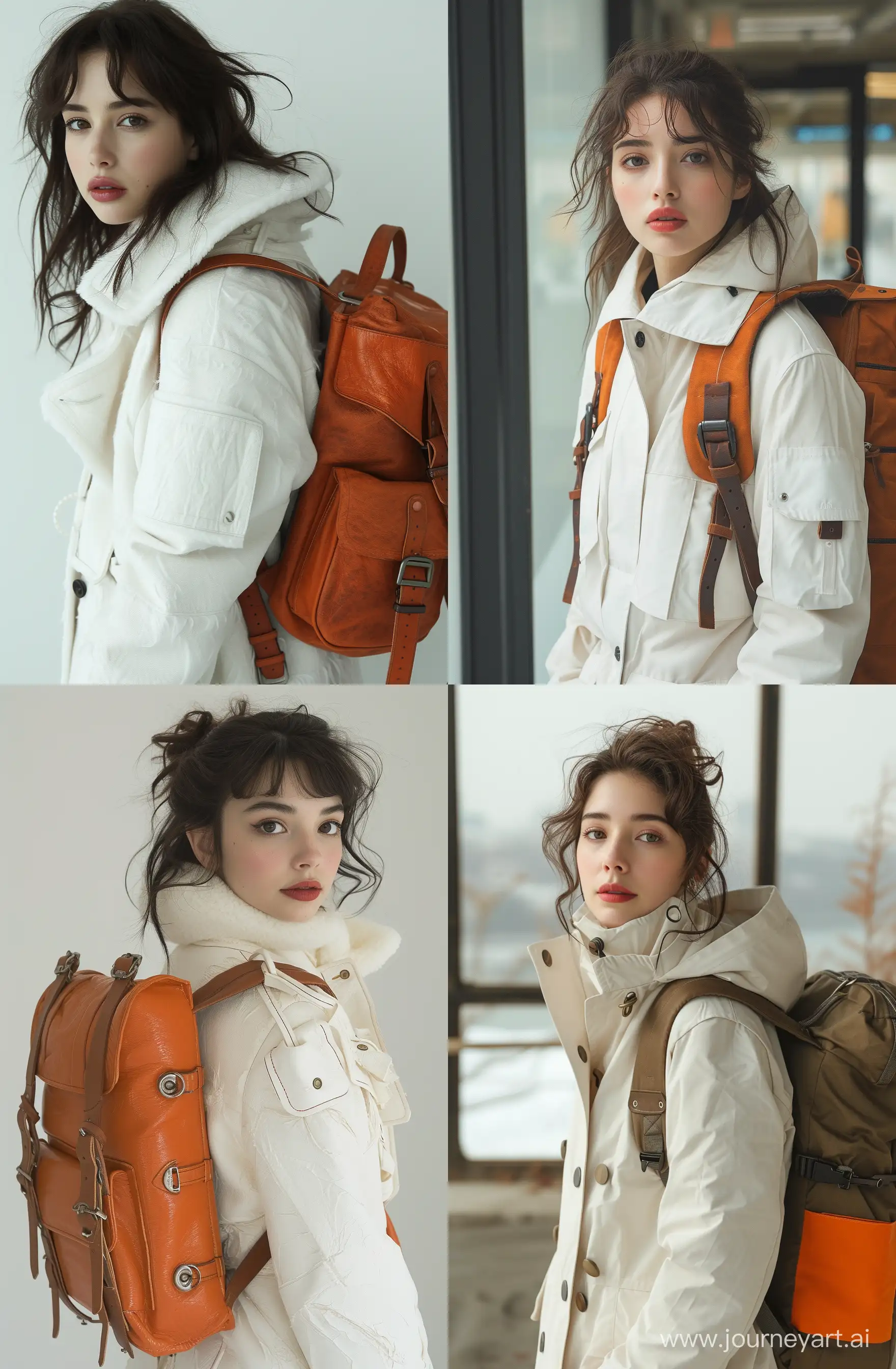 a woman wearing a white coat with a brown backpack, in the style of exquisite detailing, sabattier effect, dark white and orange, photo taken with provia, delicate modeling, leather/hide, rollerwave --ar 73:112 --stylize 750 --v 6