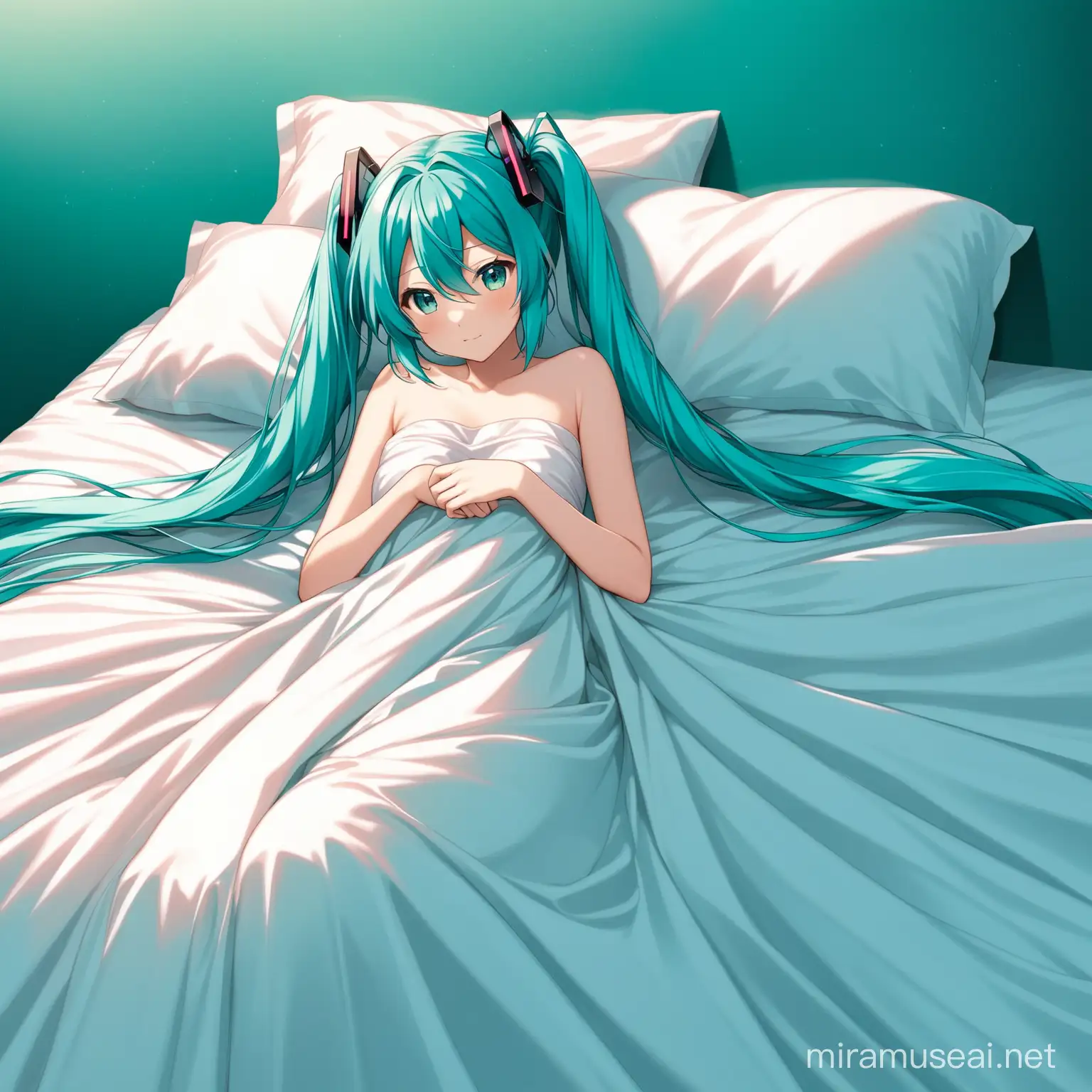 hatsune miku laying on teal satin bed covered with sheets and strapless