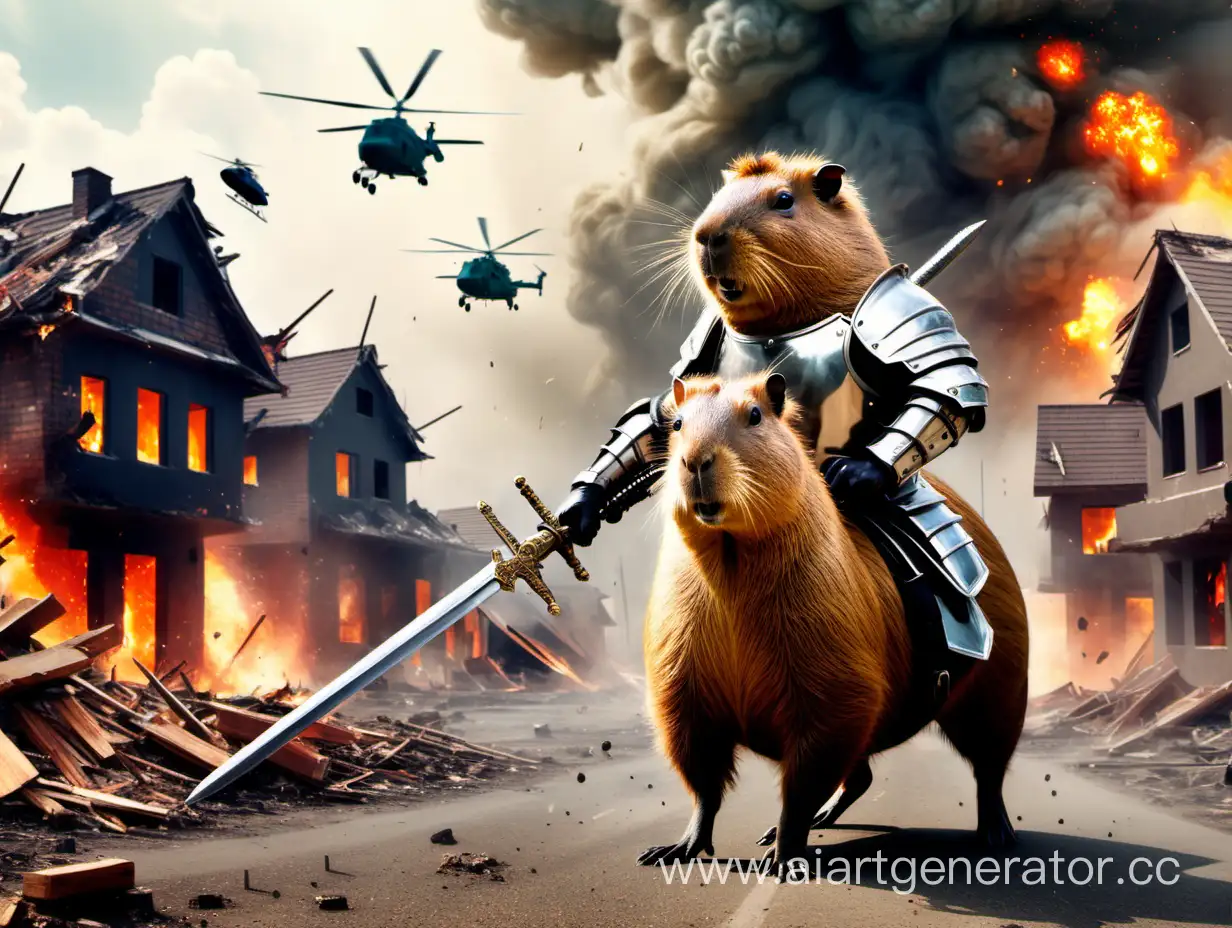 Capybara-Knight-Battling-Amidst-Explosions-and-Helicopter-Chaos