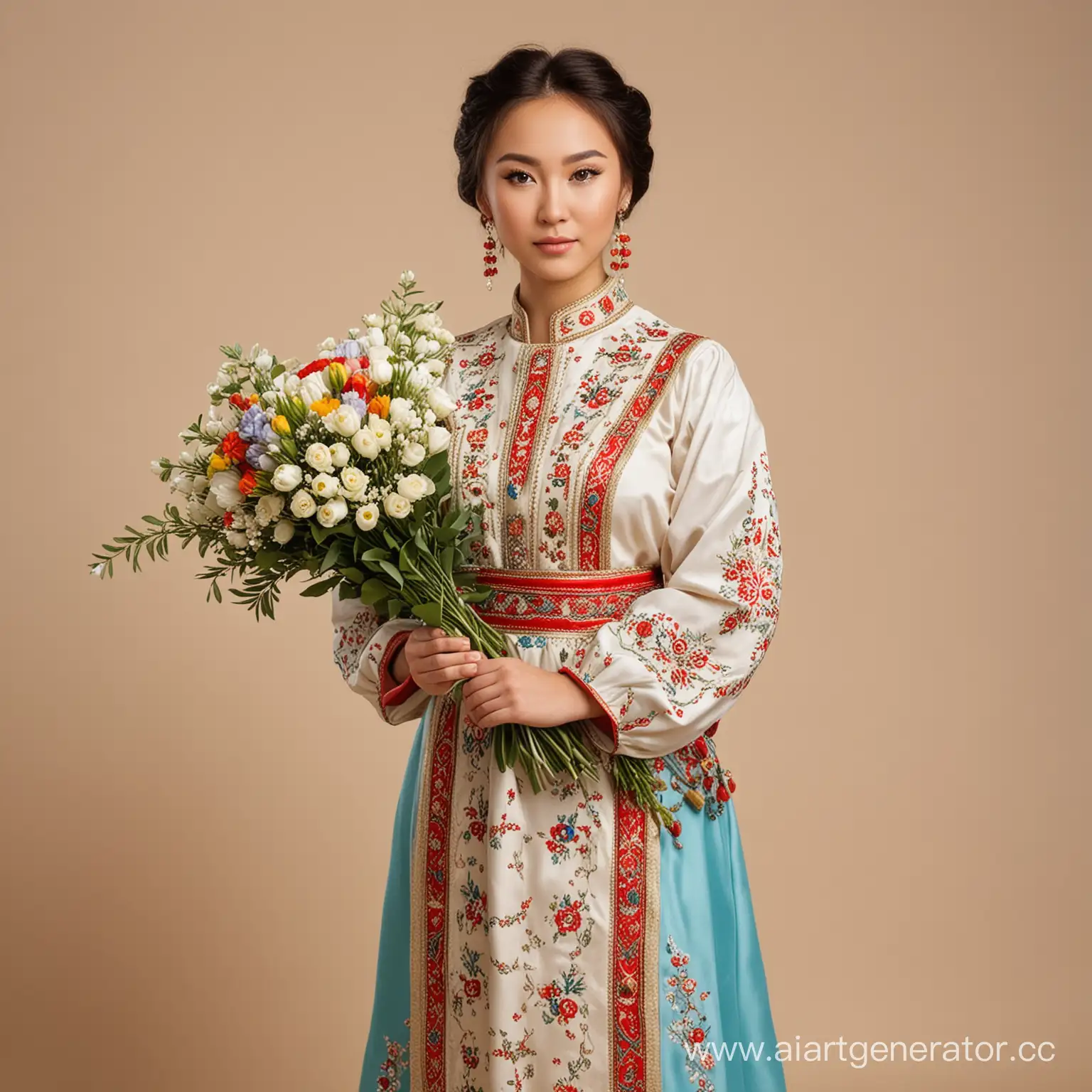 девушка казашка, в национальном платье с орнаментом, стоит на бежевом фоне, в руках держит букет цветов