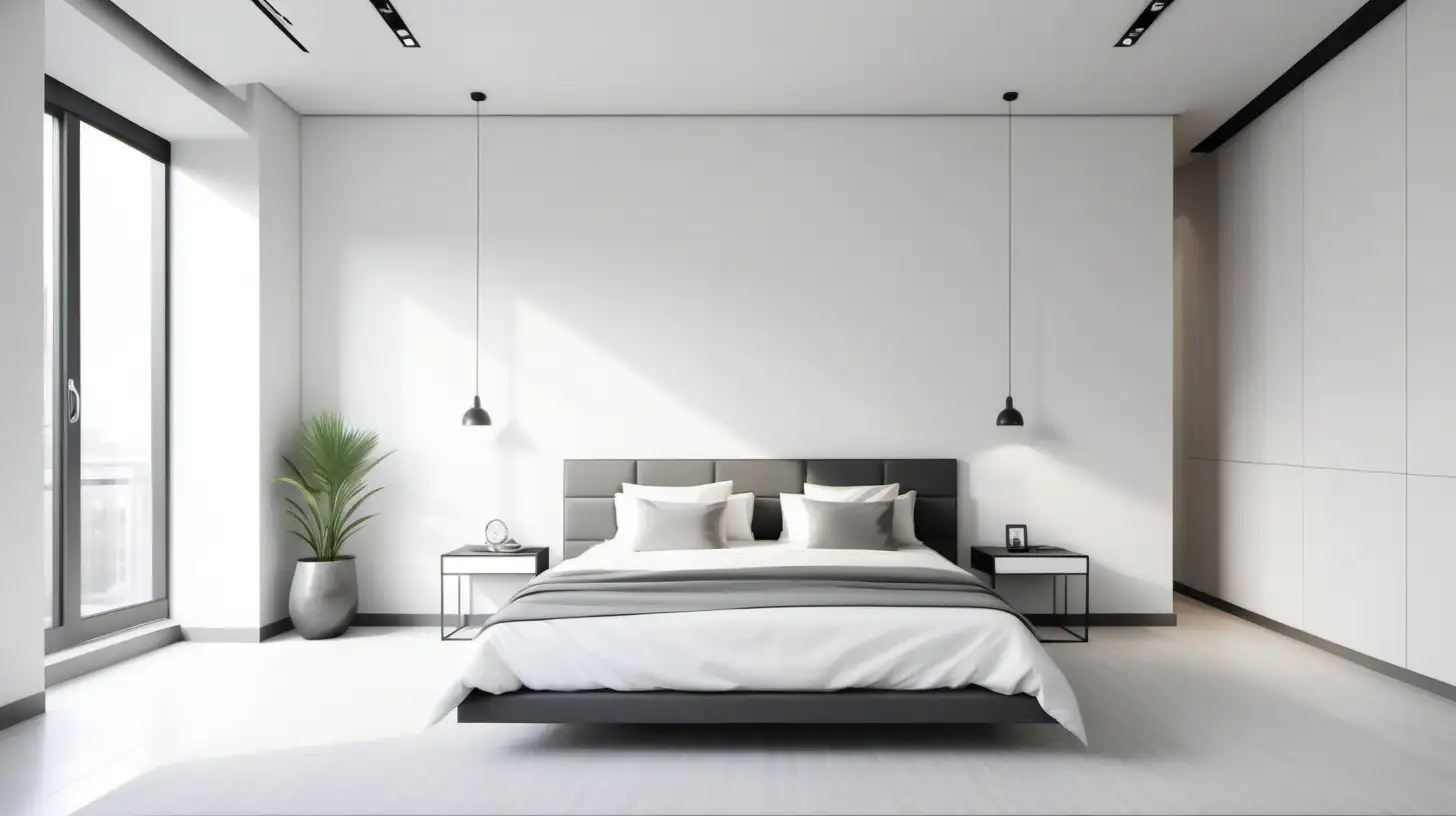 clean and bright bedroom interior with very high plain walls, front facing