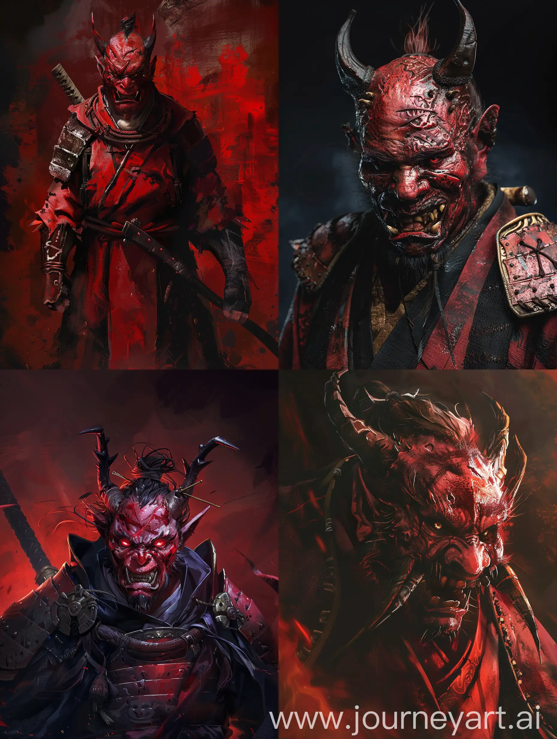 Oni character with battle scars, red dark colour.