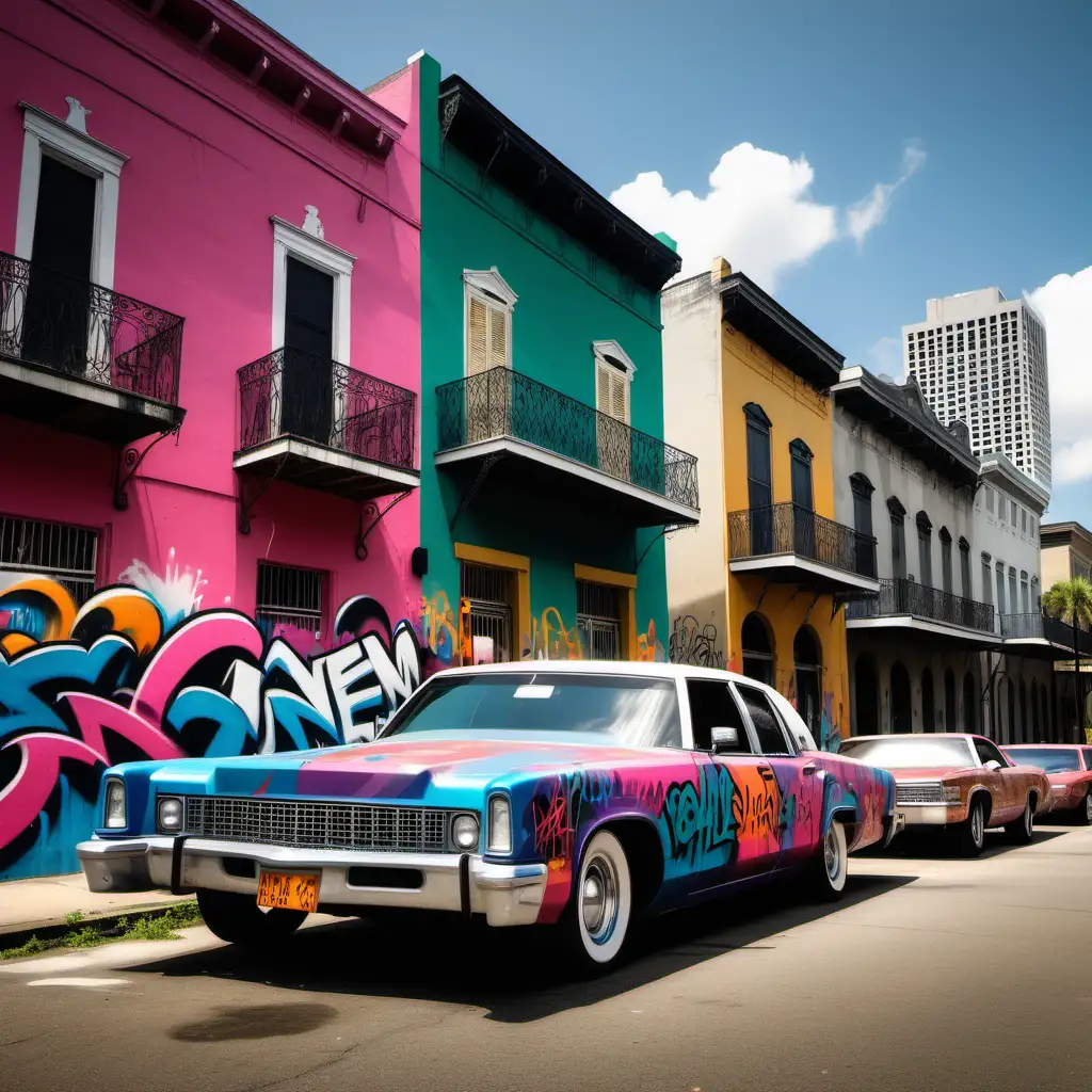 Vibrant Urban Scene New Orleans City with Graffiti Tall Buildings and Low Rider Car