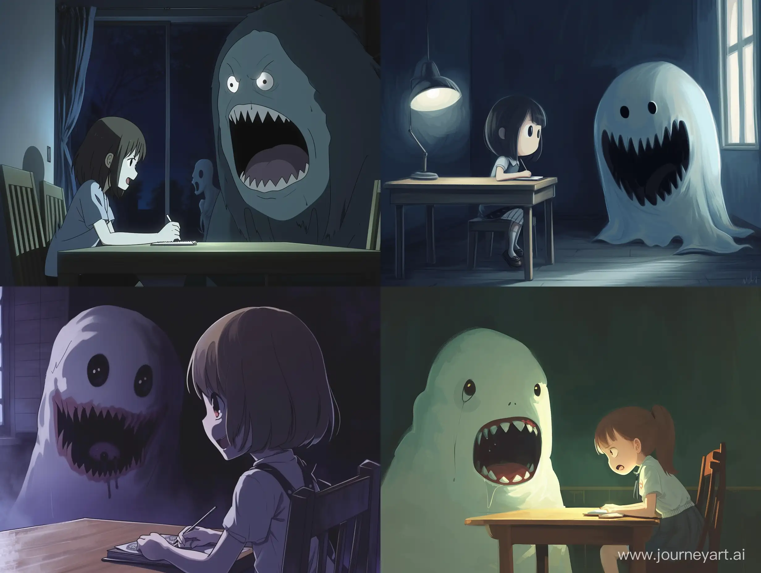 an anime scene, side view, slightly chibi style, big head, a girl with medium hair is sitting by the table to do homework, night time, low light, behind her is a ghost with wide open mouth and evil eyes, the girl is calm, best quality 