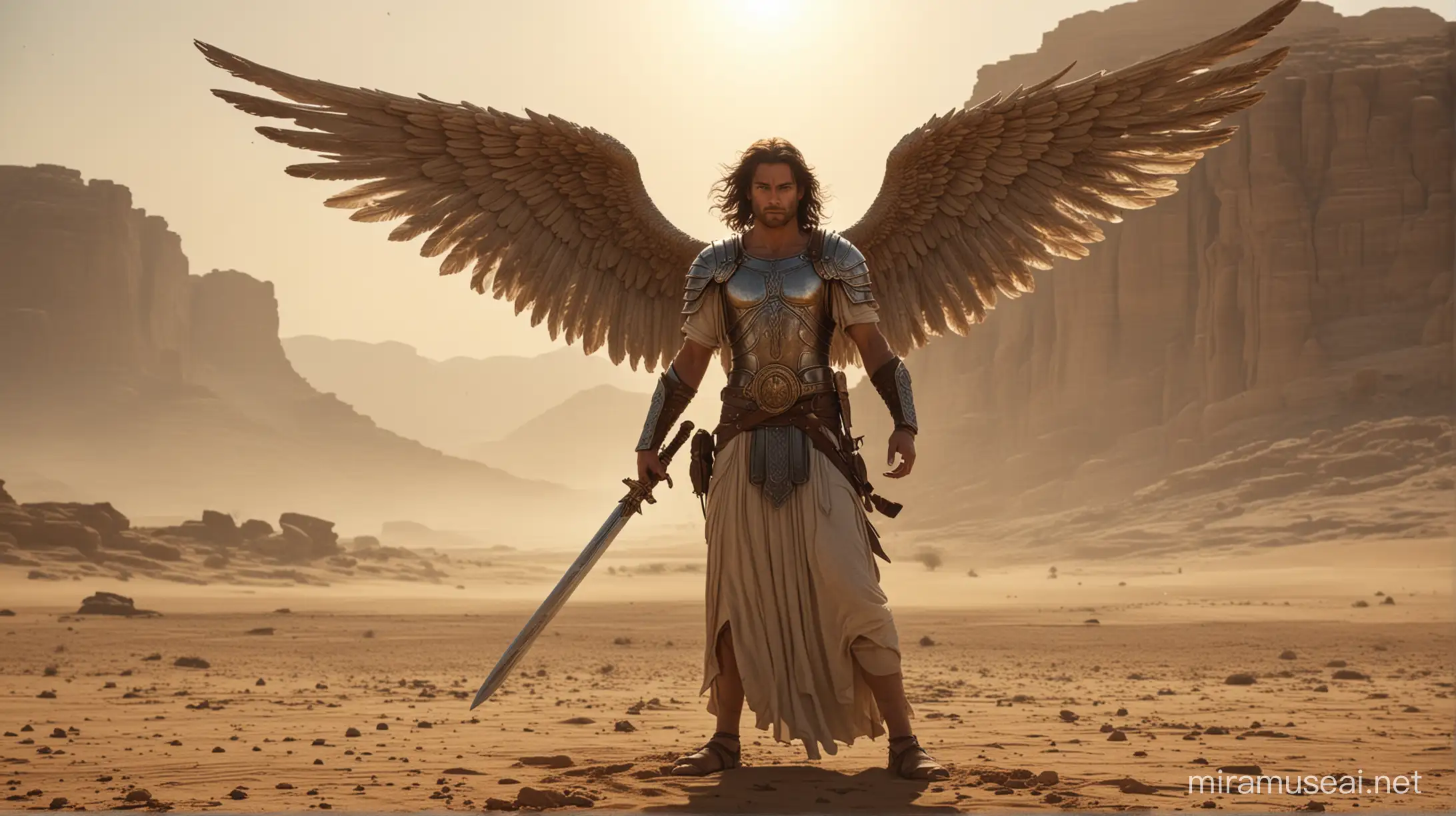 An Angel with a sword drawn standing in the way in the desert in moses era