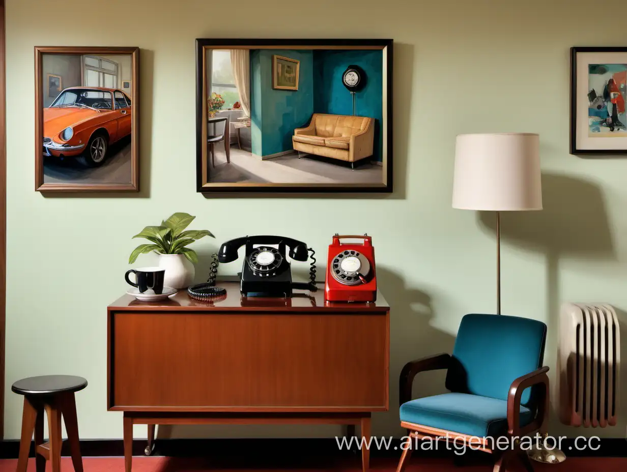 Vintage-60s-Room-with-Rotary-Phone-Wheeled-Cup-and-Art
