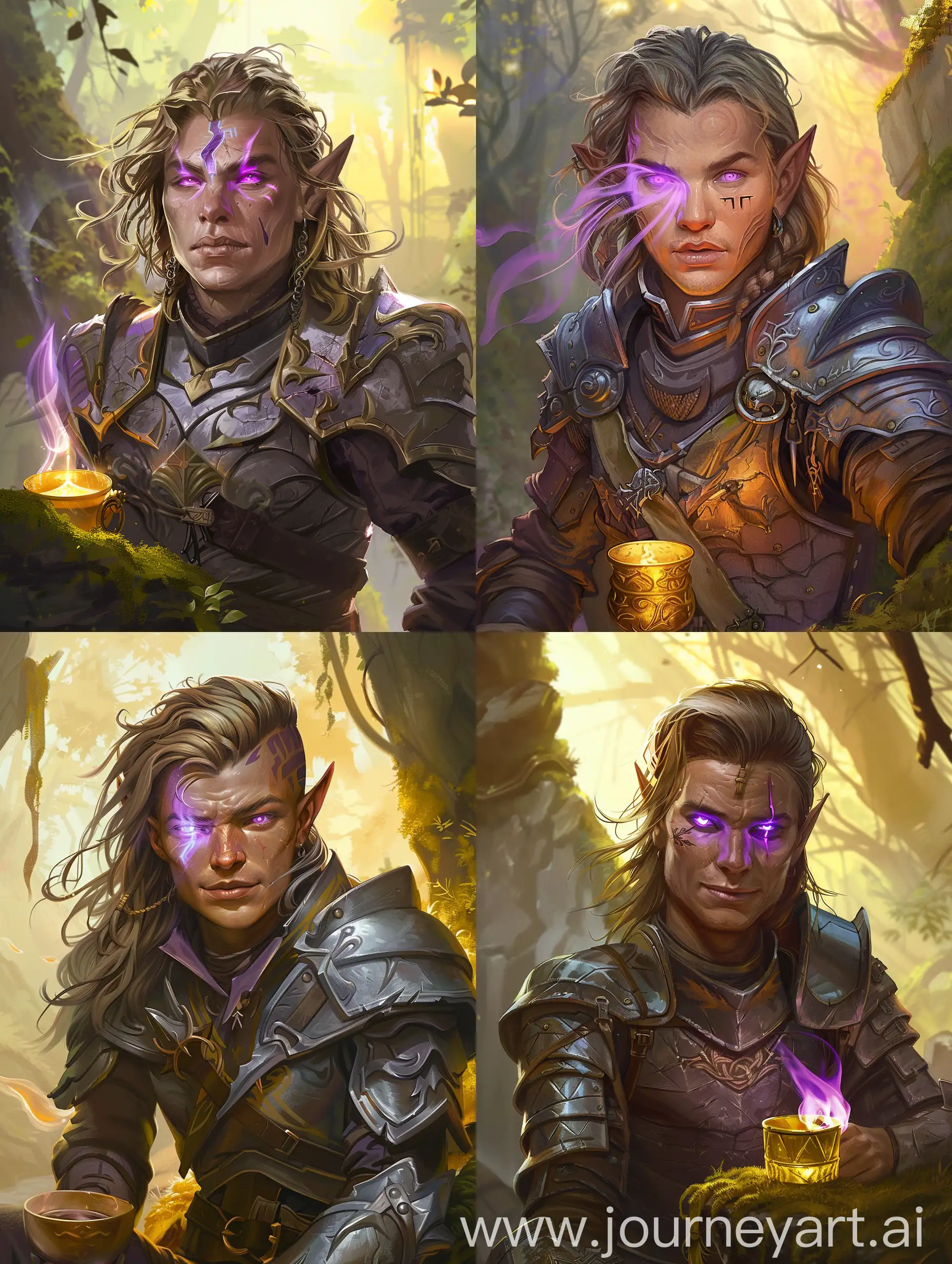 Dungeons & Dragons character portrait of a young human male warrior. Character has an oval shaped face with a protruding curved jaw, slightly protruding upper and lower jaw, bow-shaped lips, button nose with a straight wide nasal bridge and an upturned wide point, short in length mouth, almond shaped bright purple glowing piercing eyes leaving a purple smoke like trail in a curved line, low set slightly thin angled eyebrows, very slightly recessing hairline, long stubble, long shaggy light-brown hair with silver colored bangs, hair going over his shoulders, a religious mark freshly burned onto his left eye orbit. Character's face despite his age looks a little rough. Character has a smug expression on his face. Character is wearing a set of witcher stylized armor mainly taking inspiration from the mastercrafted feline armor set of the School of the Cat with more vibrant colors. Character has a two-handed longsword sheathed on his waist. Character is heroically posing with a smug posture on a slightly elevated cliff that is overgrown with moss. Character is holding a golden-plated cup filled to the trim with wine. Character is surrounded by a magical forest with bright yellow/orage color sunlight illuminating him. Gwent art style.