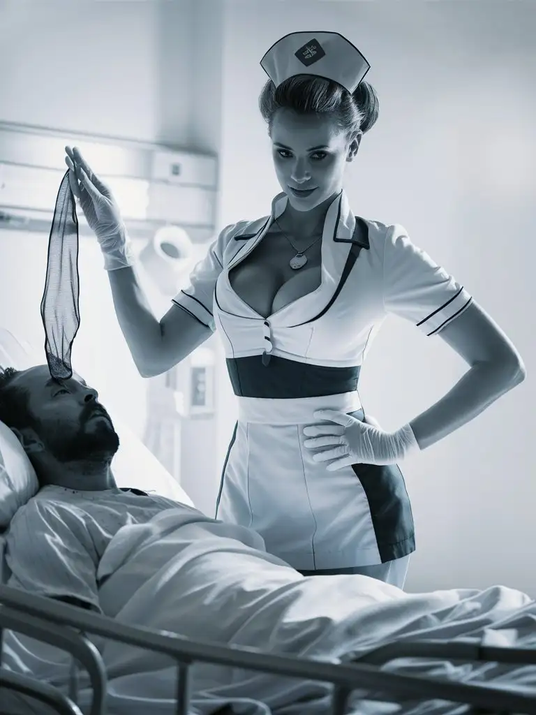 Hospital, Beautiful busty female nurse white nylons holding nylons over male patient, lying hospital bed