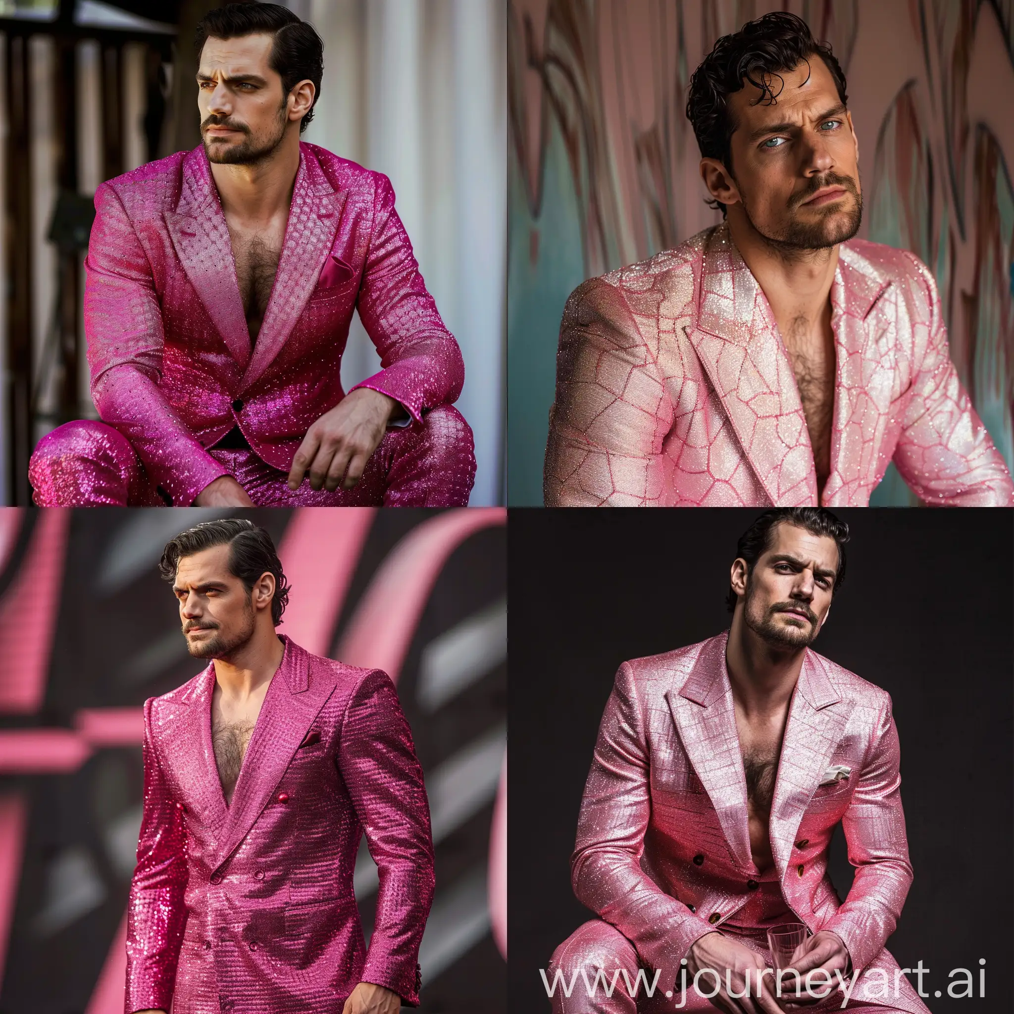 Henry Cavill wearing a pink suit, a pink glitter suit