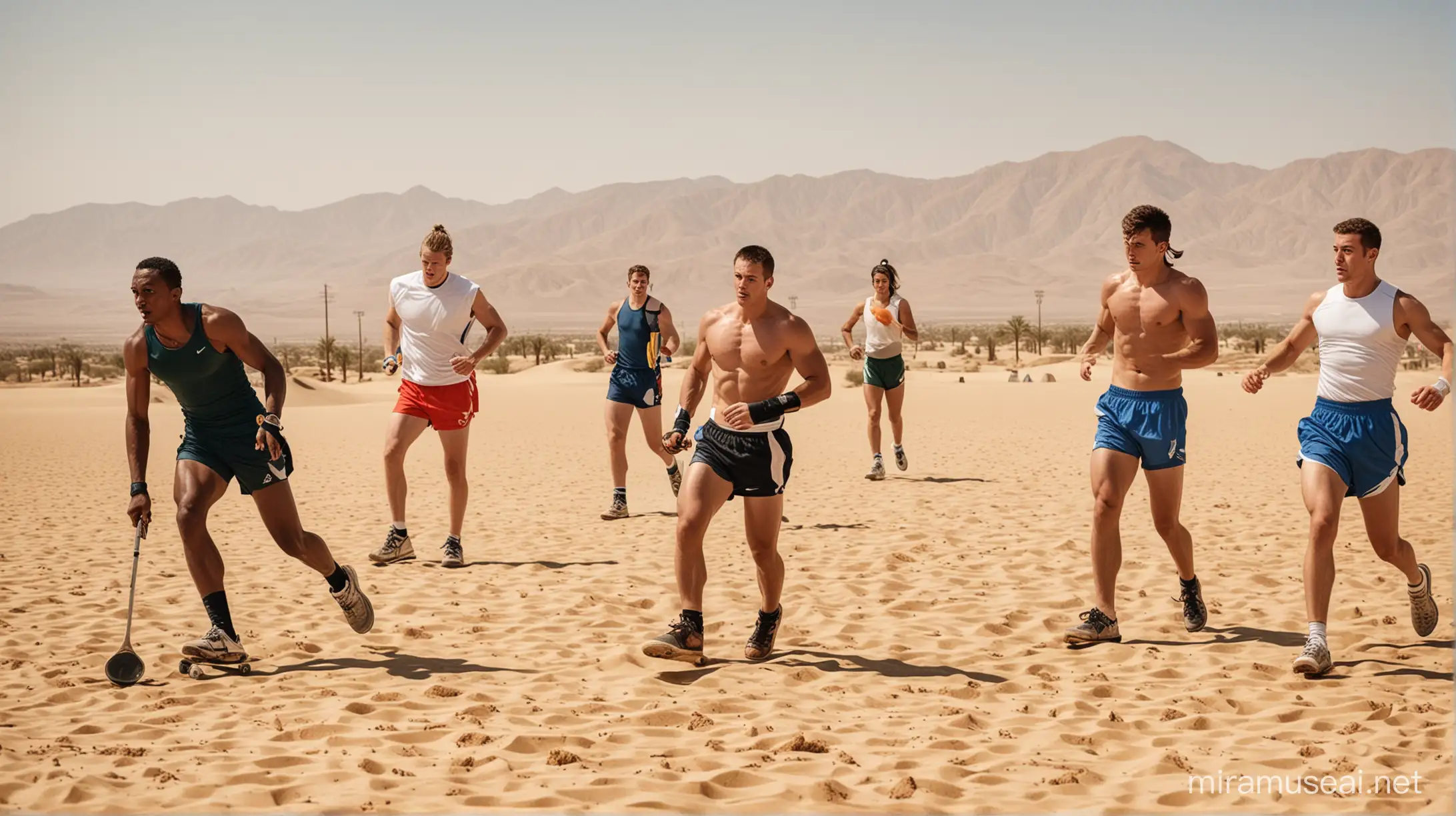 photo olympics athletes in a desert (a runner, a jumper, a cyclist, a skateboarder, a weightlifter, a rawer, a boxer, a climber, a fencer)