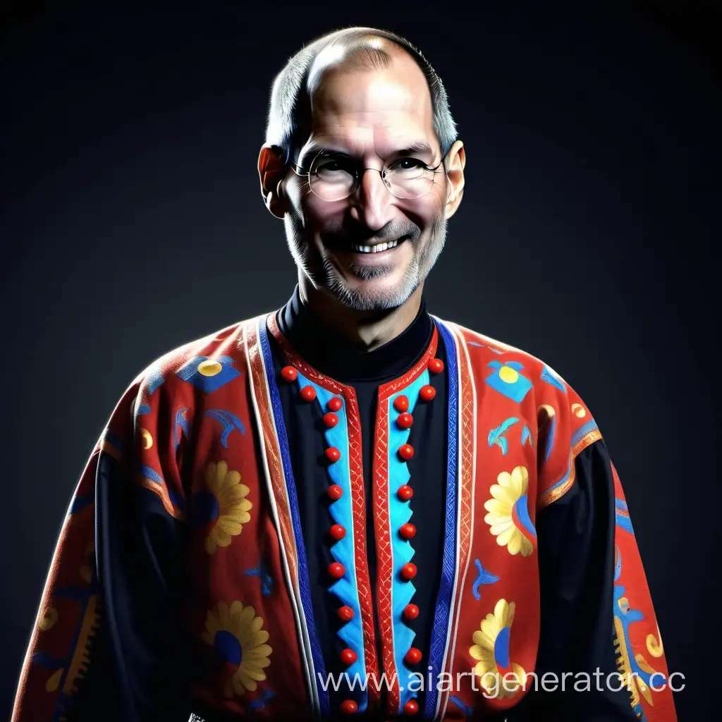 Steve Jobs в национальном Бурятском костюме улыбается, фото реалистичное, 4K