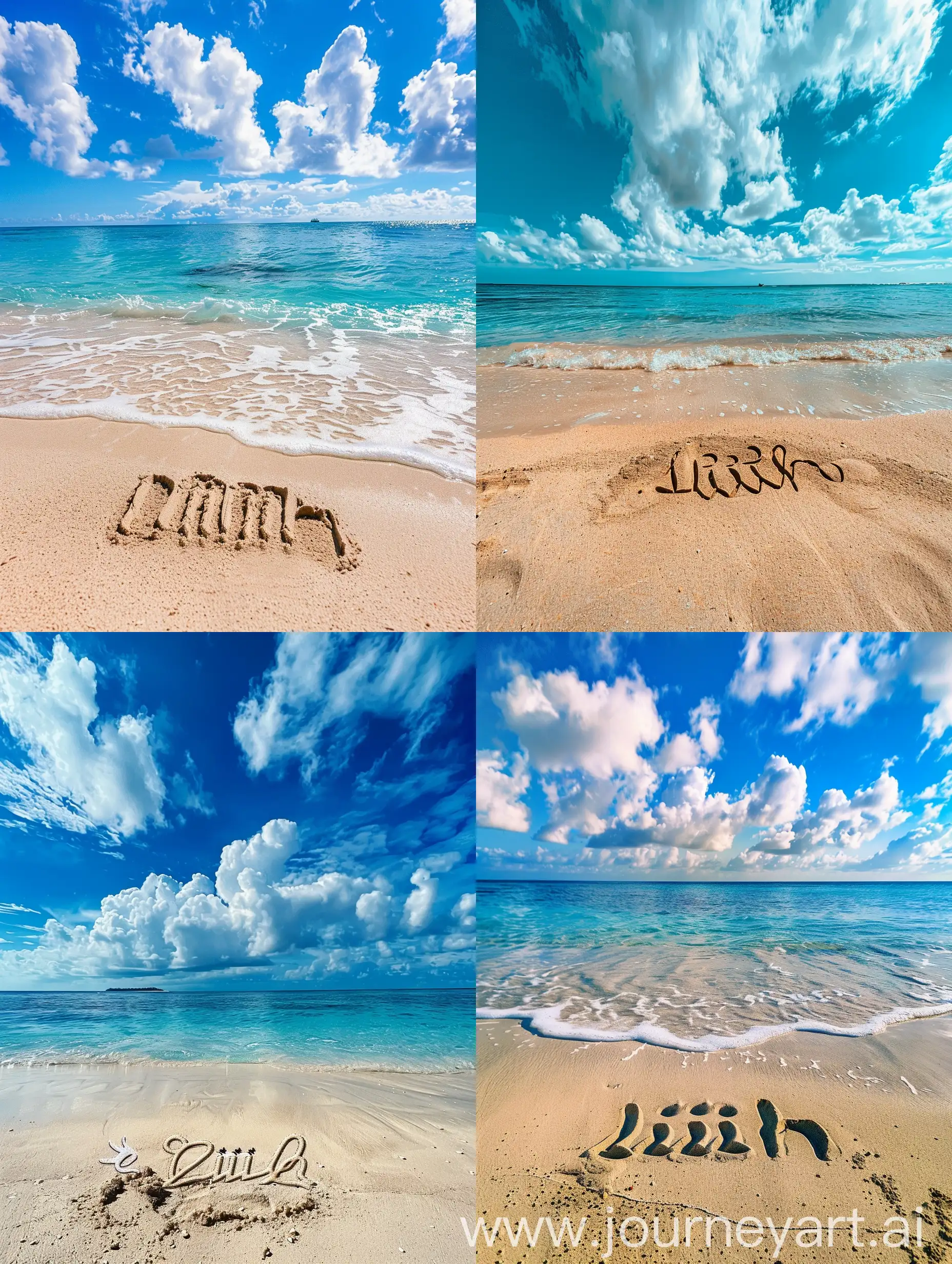 beautiful beach sand, blue sea and blue and white clouds during the day on the beach sand, the name "lilih" is written in clear, natural HD