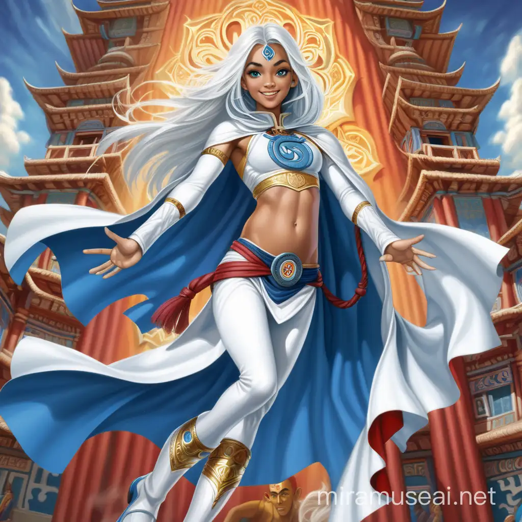 Goddess of Peace Teenage Superhero in White Suit Soaring Above Tibetan Monastery with Followers and Symbolic War Message