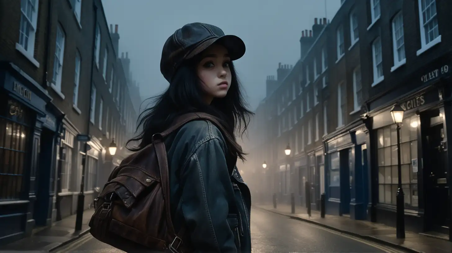 Create an movie image from the following:  A dark, foggy, moonlit, deserted street in London, 17 year old girl, wearing, Junker Jacket, Junker Aviator hat, long black hair,  her back to us, running down the street. 