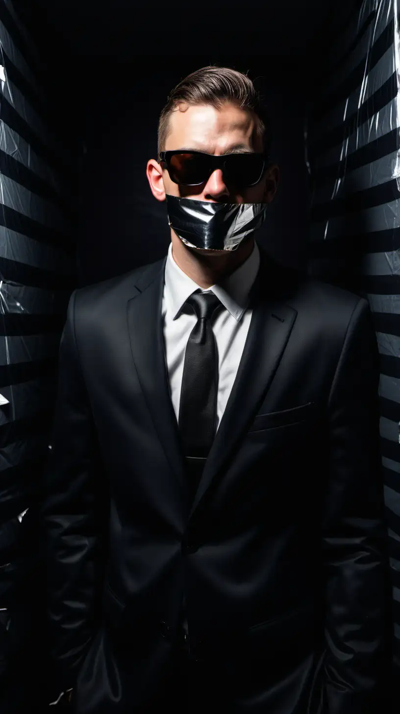 A guy in black suit with sunglasses in a dark room with a ducktape on his mouth