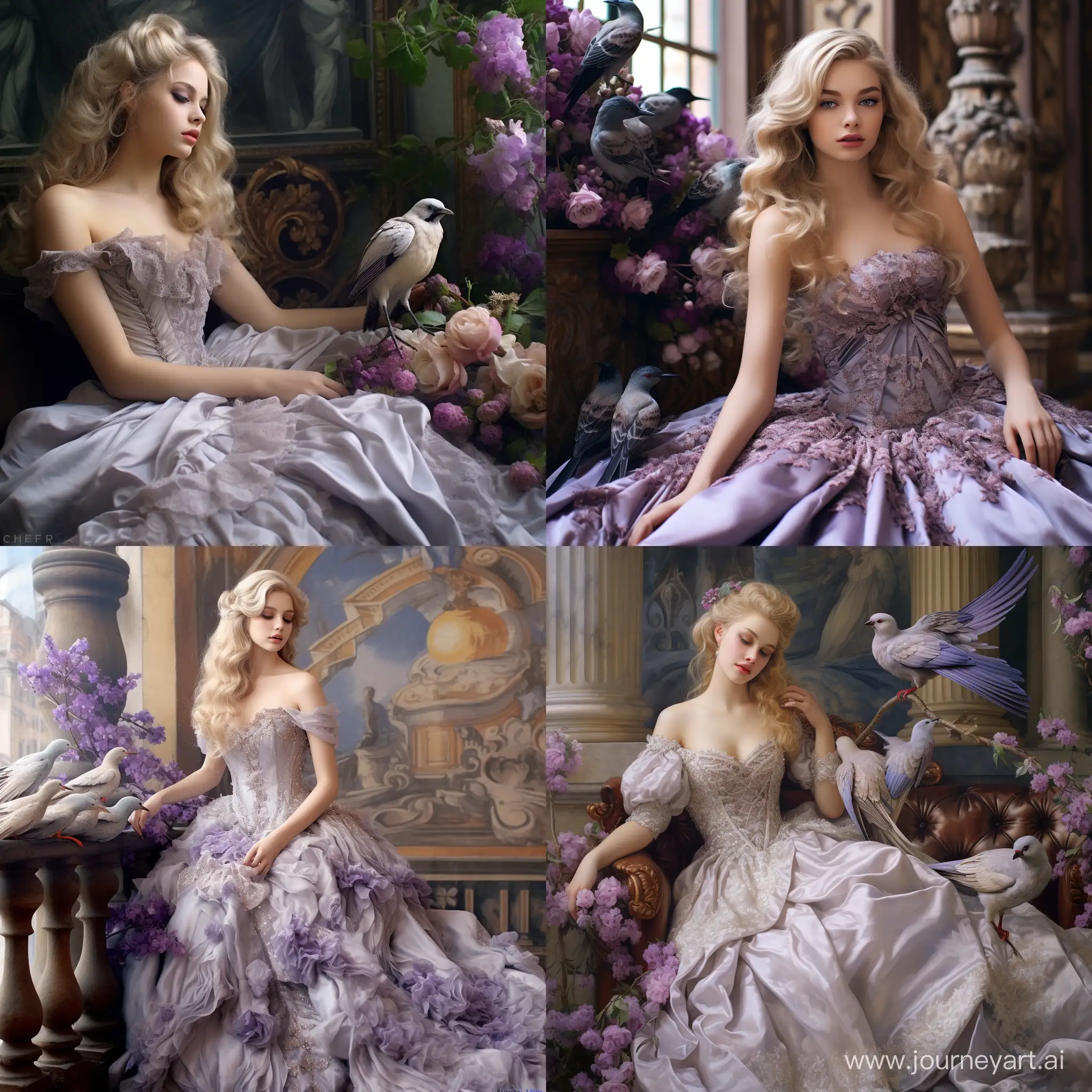 Elegant-Blonde-Lady-Amidst-Lilacs-and-Doves-in-19th-Century-Attire