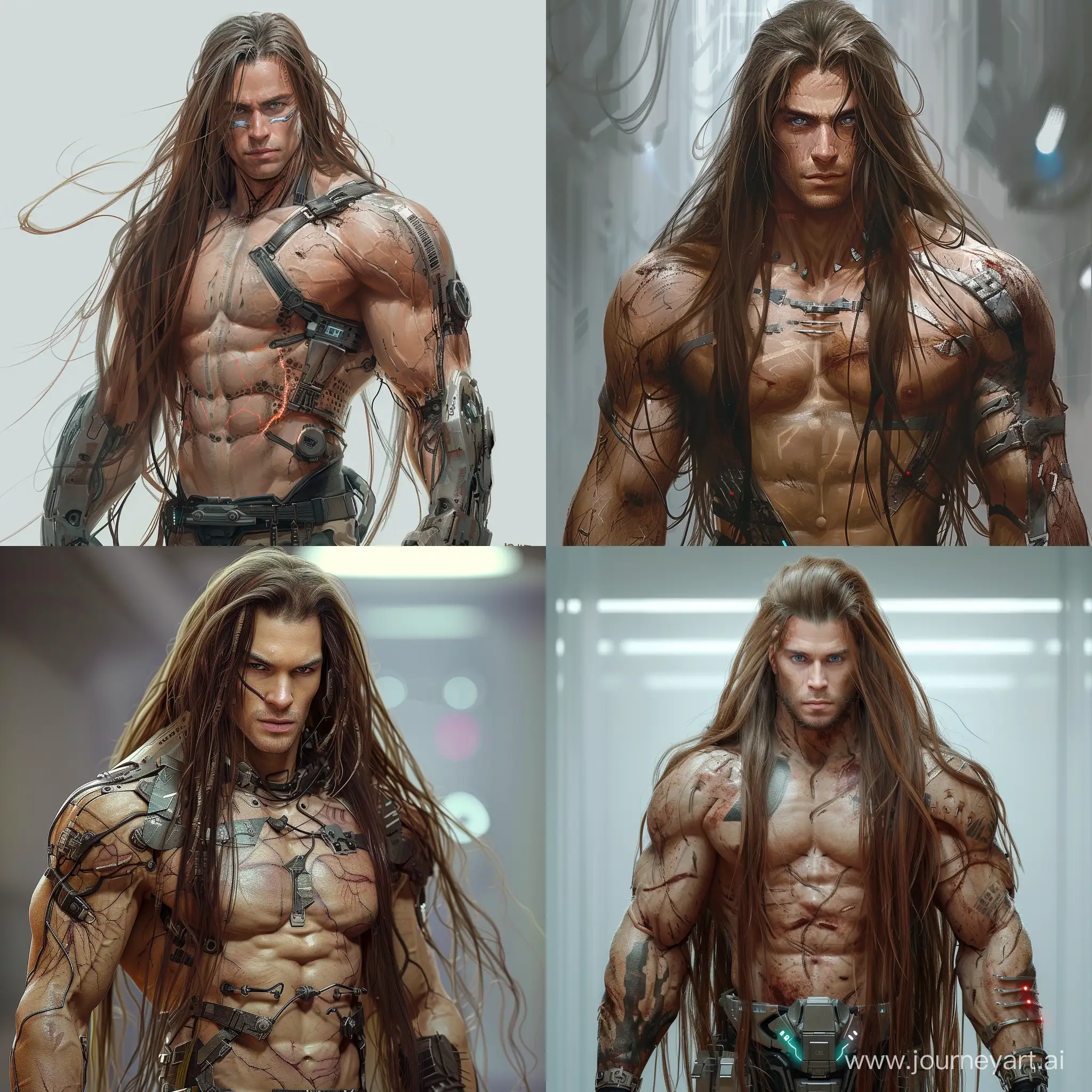  a muscular man with very long brown hair and gray eyes, who has many scars on his body, and is also dressed in cyberpunk clothes 