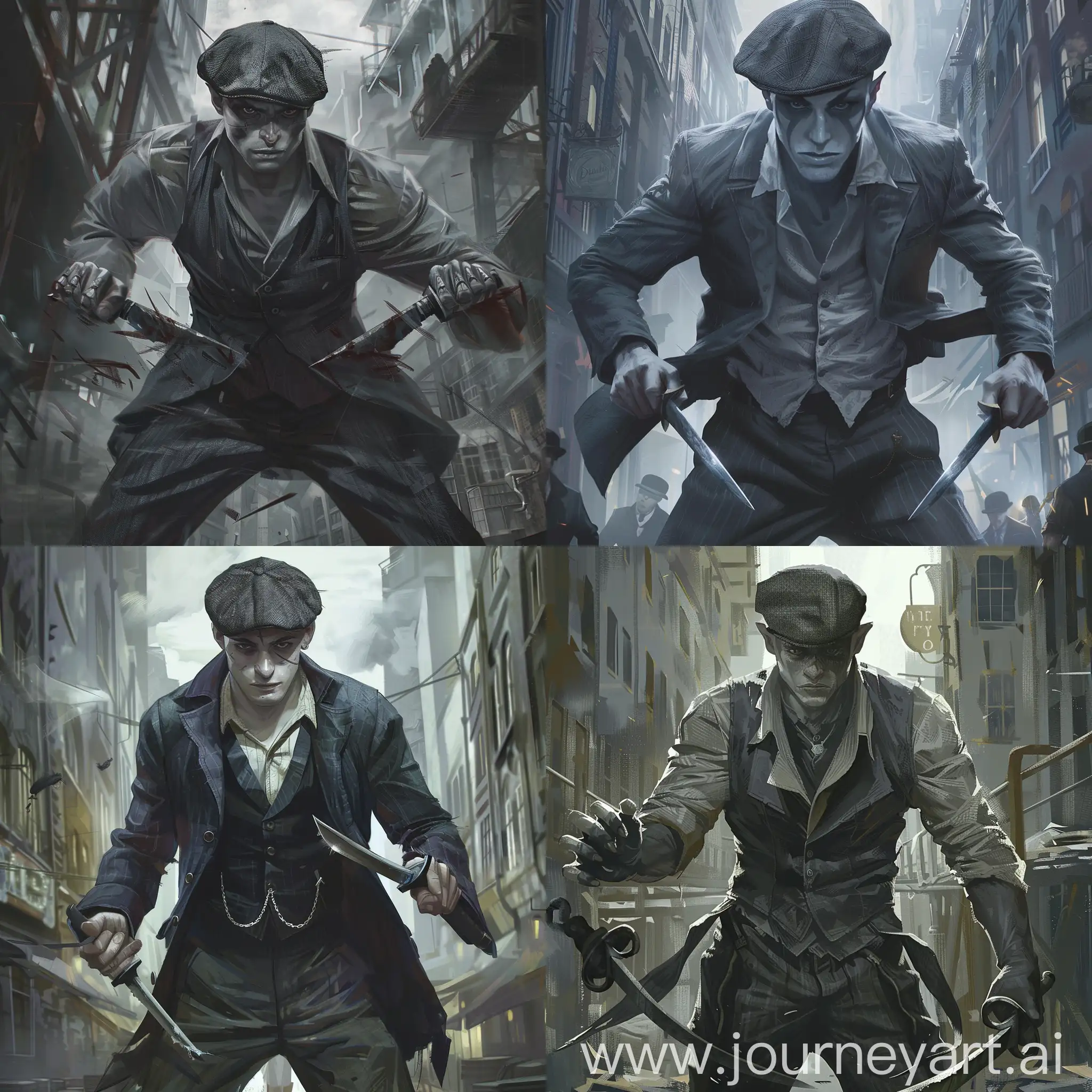 Draw a character from the Dungeons and Dragons universe according to the following description: He is a 20 years old male changeling dressed in clothing in the style of peaky blinders. He is holding a dagger in each hand. He is wearing a flat cap. His eyes are dark. His skin is light grey, almost white like ash. He is standing in the middle of an industrial city.