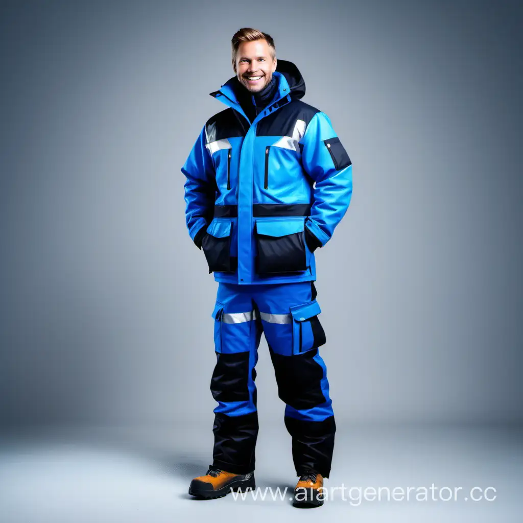 beautiful very insulated HQ workwear, nordic man, smile, black and blue, 8k, front view, full-length