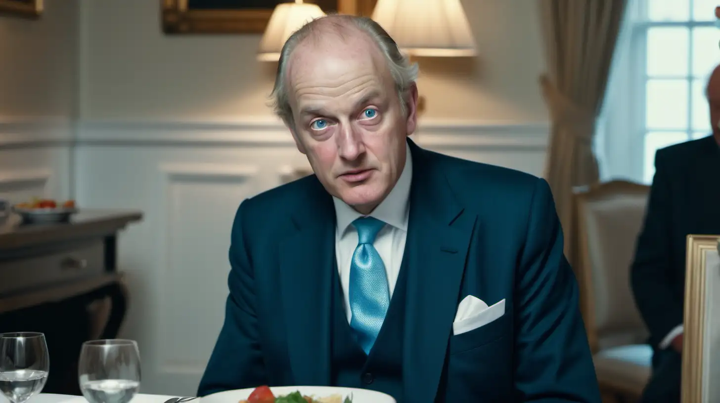 Porfessional photography, Prime Minister of England, at an elegant dinner, 75 years old, white balding hair, sharp blue eyes, fit. wearing a suit and tie.  He sitting at a formal dining table.  4k, photorealistic. 