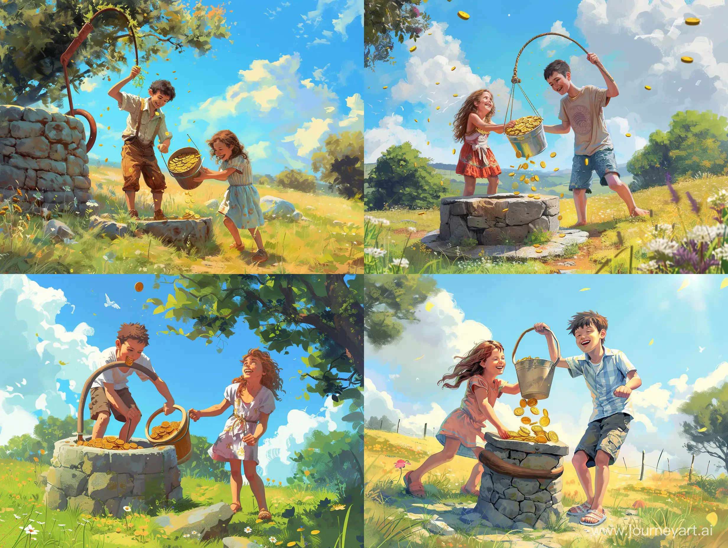 An illustration of a brother and sister pulling up a bucket filled with gold coins from an old stone well in a sunny meadow. The siblings look excited and happy. Digital art.