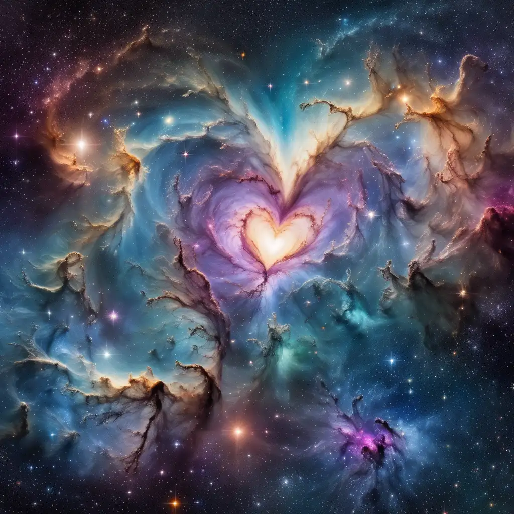 Generate an image of a cosmic landscape, where emotions are visualized as celestial phenomena. Think of a nebula shaped like a heart, stars forming a smile, or a galaxy swirling with colors of joy, sadness, and wonder. The image should be rich in detail and color, blurring the lines between space and emotion.