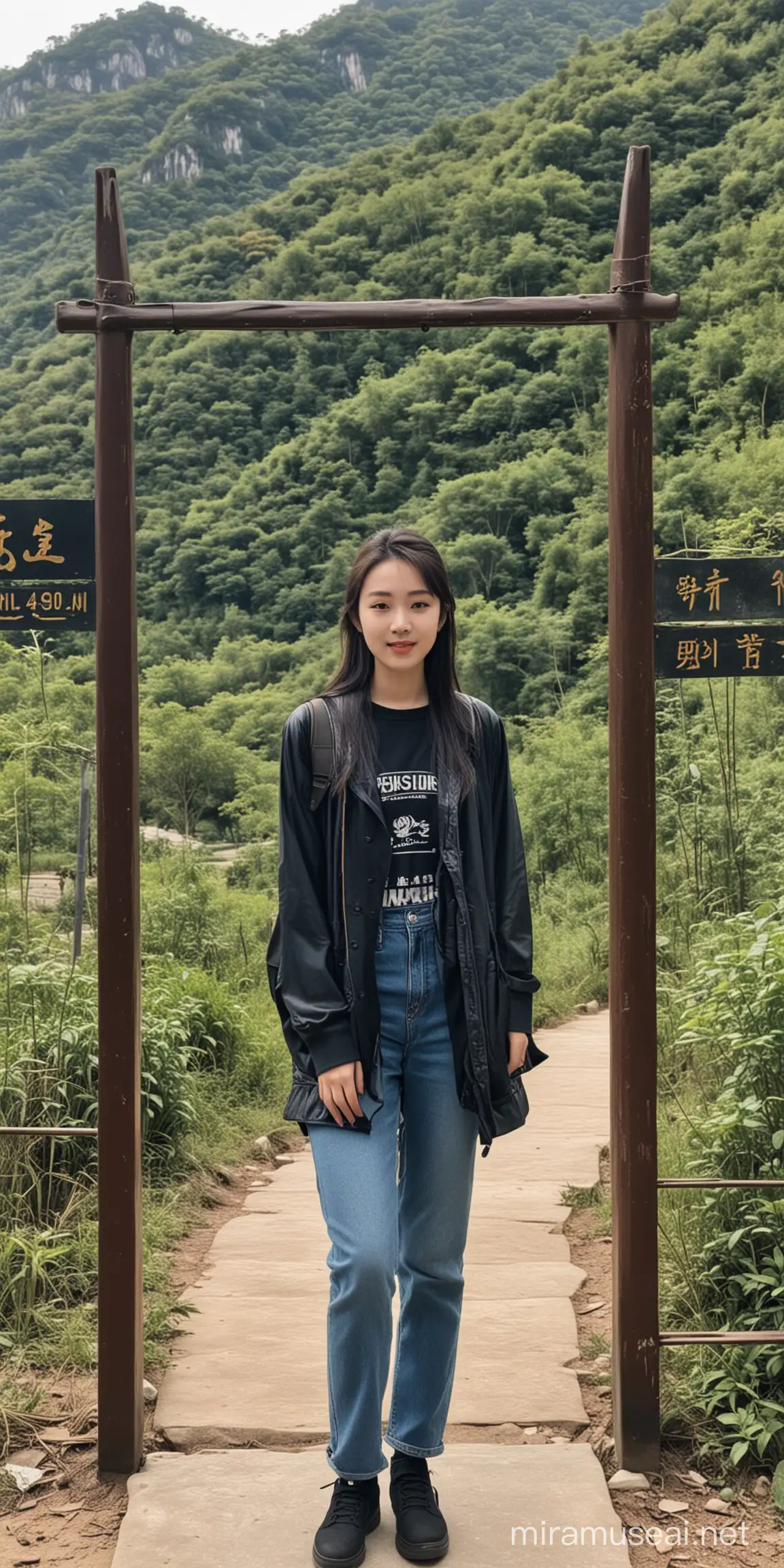 18岁的中国林青霞，在一个风景区门口的照片。