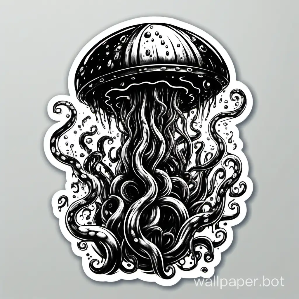 amazing black drawing tentacles, chaos explosive dripping, hatch ornament, white background, sticker art