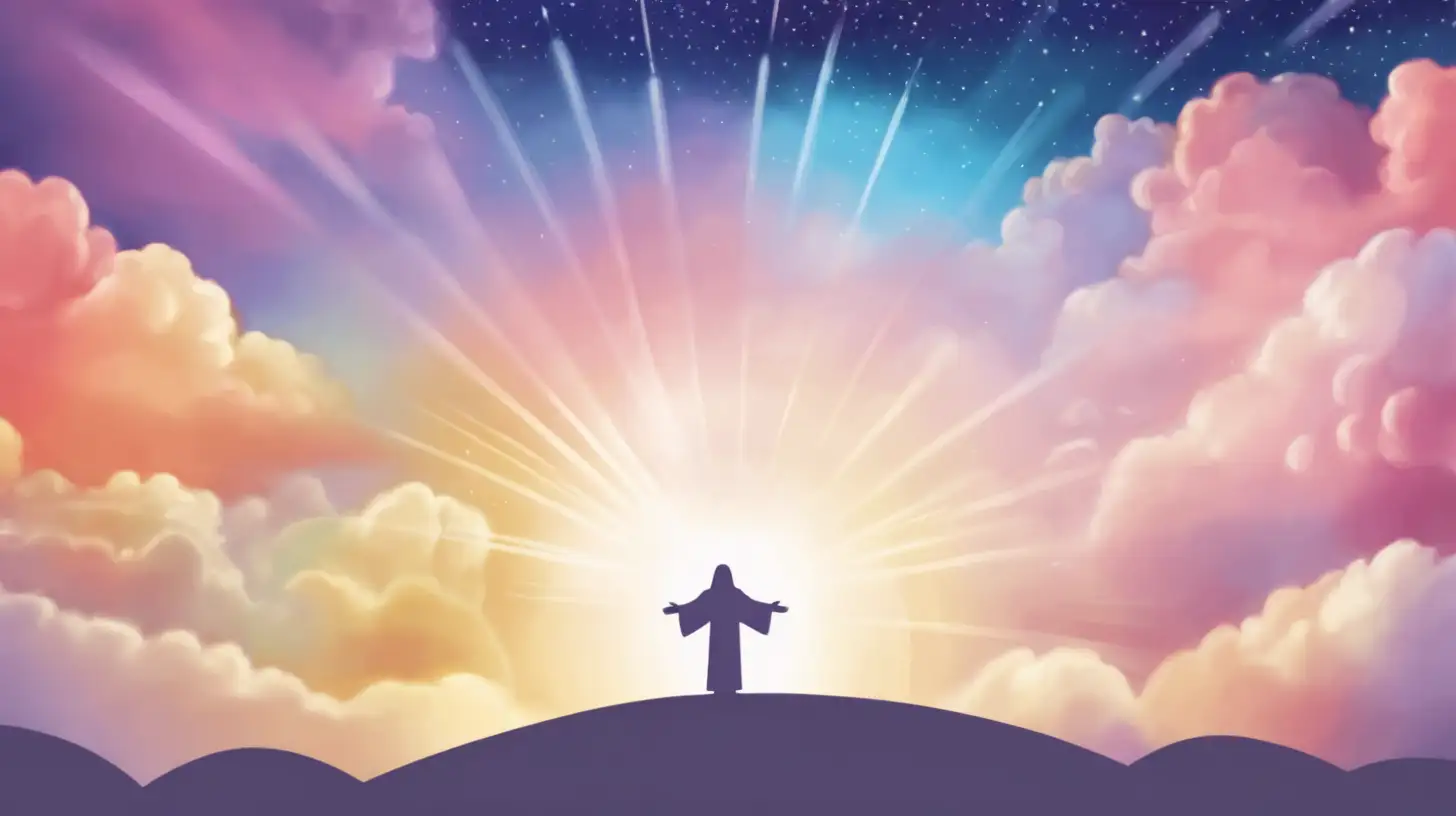 generate a You Tube Thumbnail that shows Jesus is welcoming this new year with hope and background I need is rounded colorful clouds