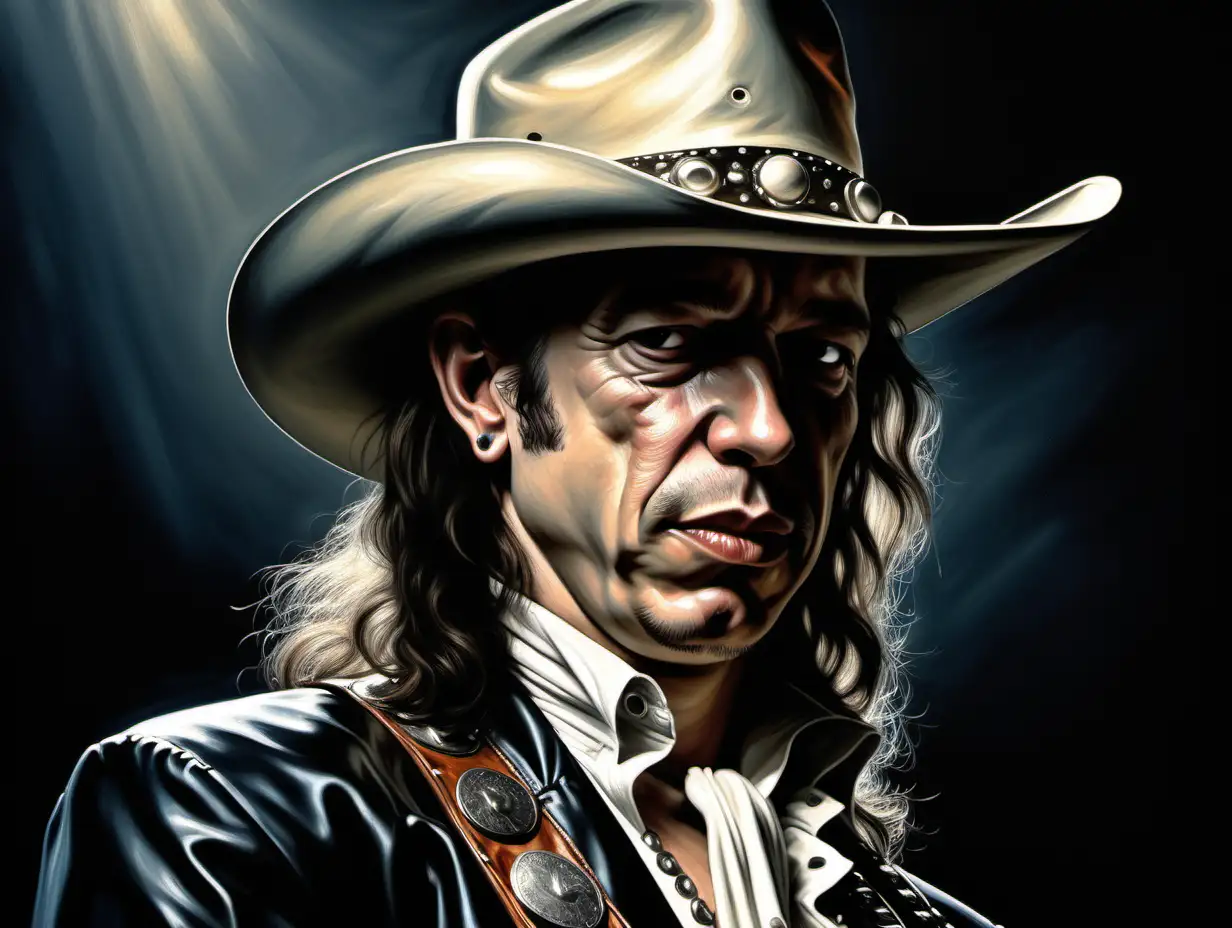 Stevie Ray Vaughan in style of photorealism by frank frazetta, photograph, high detail, elegant, close up and dark background