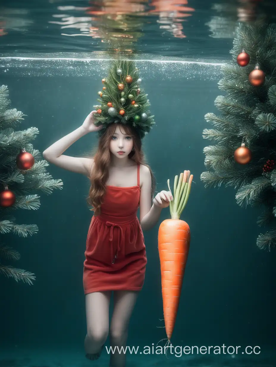 Photo, girl beautiful, fine art, carrot, 50mm, f1,2 Christmas trees around in the water
