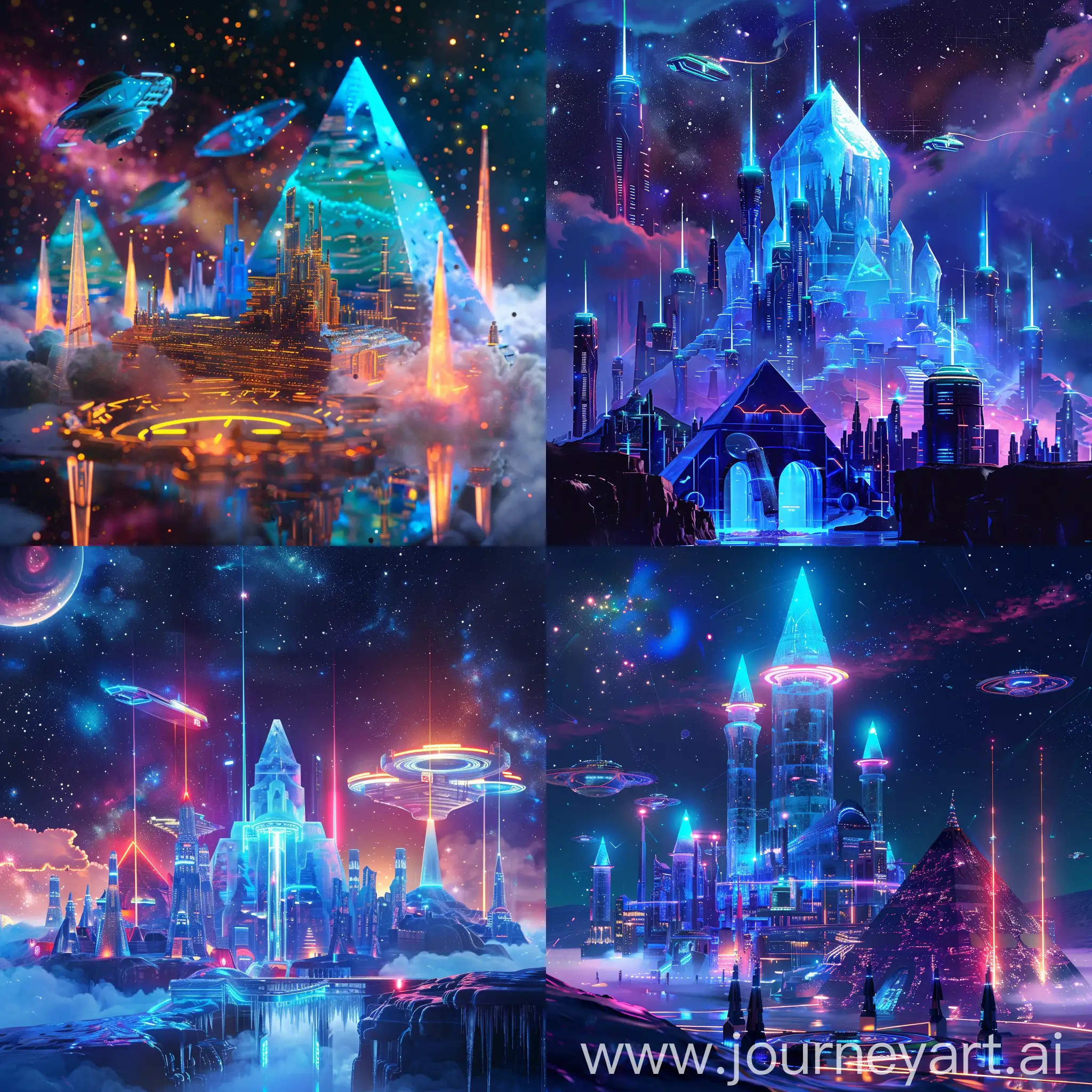 galactic futur city with cosmic ice castle transparent, stargate, cosmic sky galaxie, starship, abstact futuristic neon background, glowing pyramids

